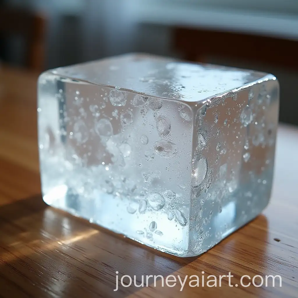 Clear-Ice-Block-Slowly-Melting-on-Wooden-Table-with-Soft-Background-Blur