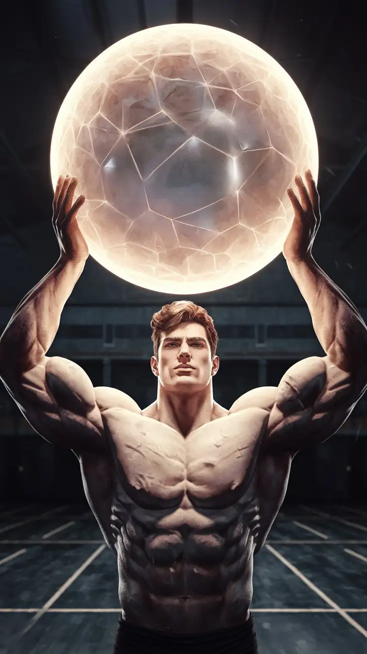 Superhero possesses ultra brawn. Reverent mood. Inside an empty gym at night. 24 years old. Photorealistic.