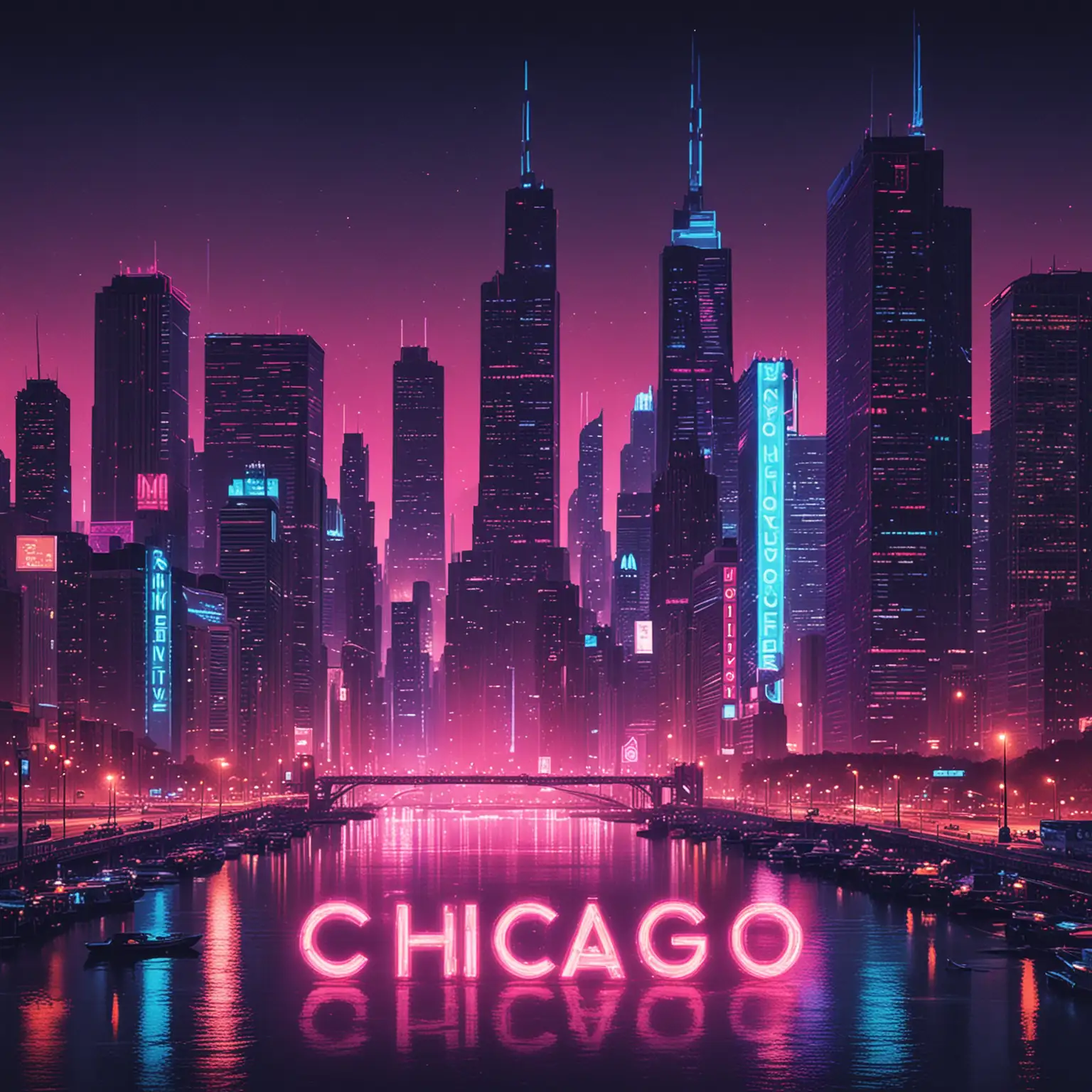 Cyberpunk Chicago Night Cityscape with Neon Skyscrapers and Holographic Billboards