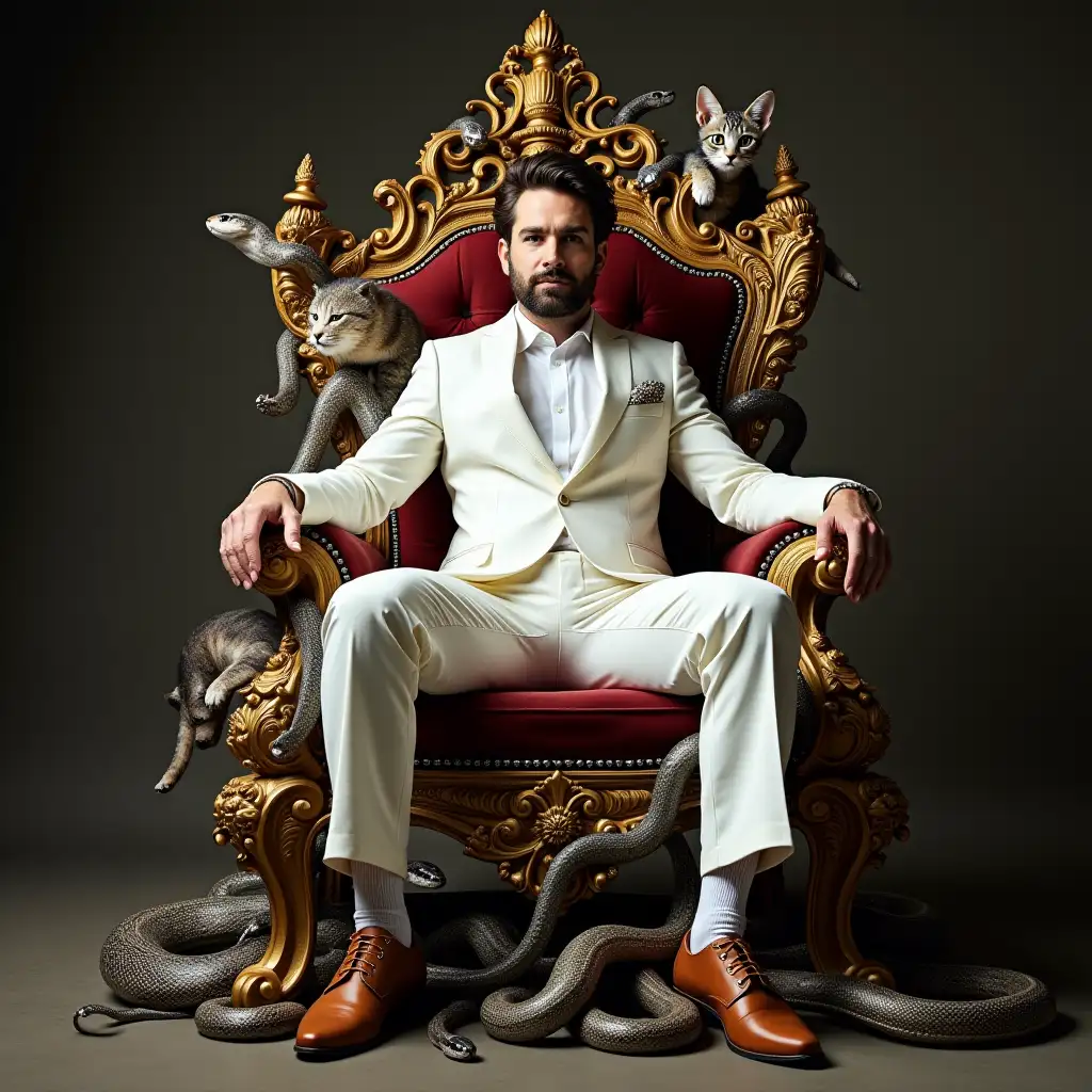 a man in a white suit sitting on a fantasy throne, the throne is made of snakes dogs cats etc