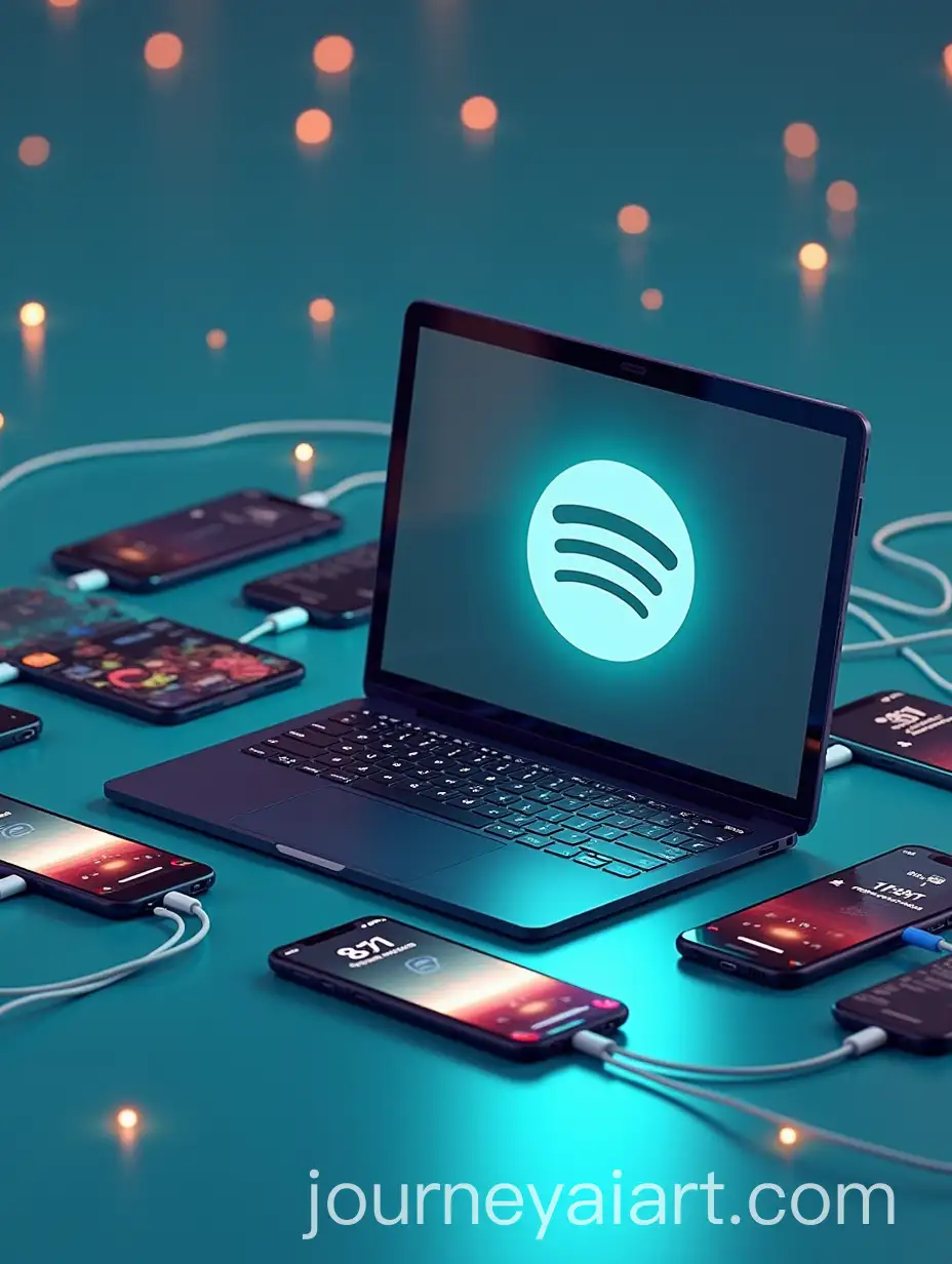 Laptop-Hub-Connecting-MultipleAI-Image-Prompt-Expansion-Cell-Phones-for-Streaming-Farm-with-Spotify-Symbol