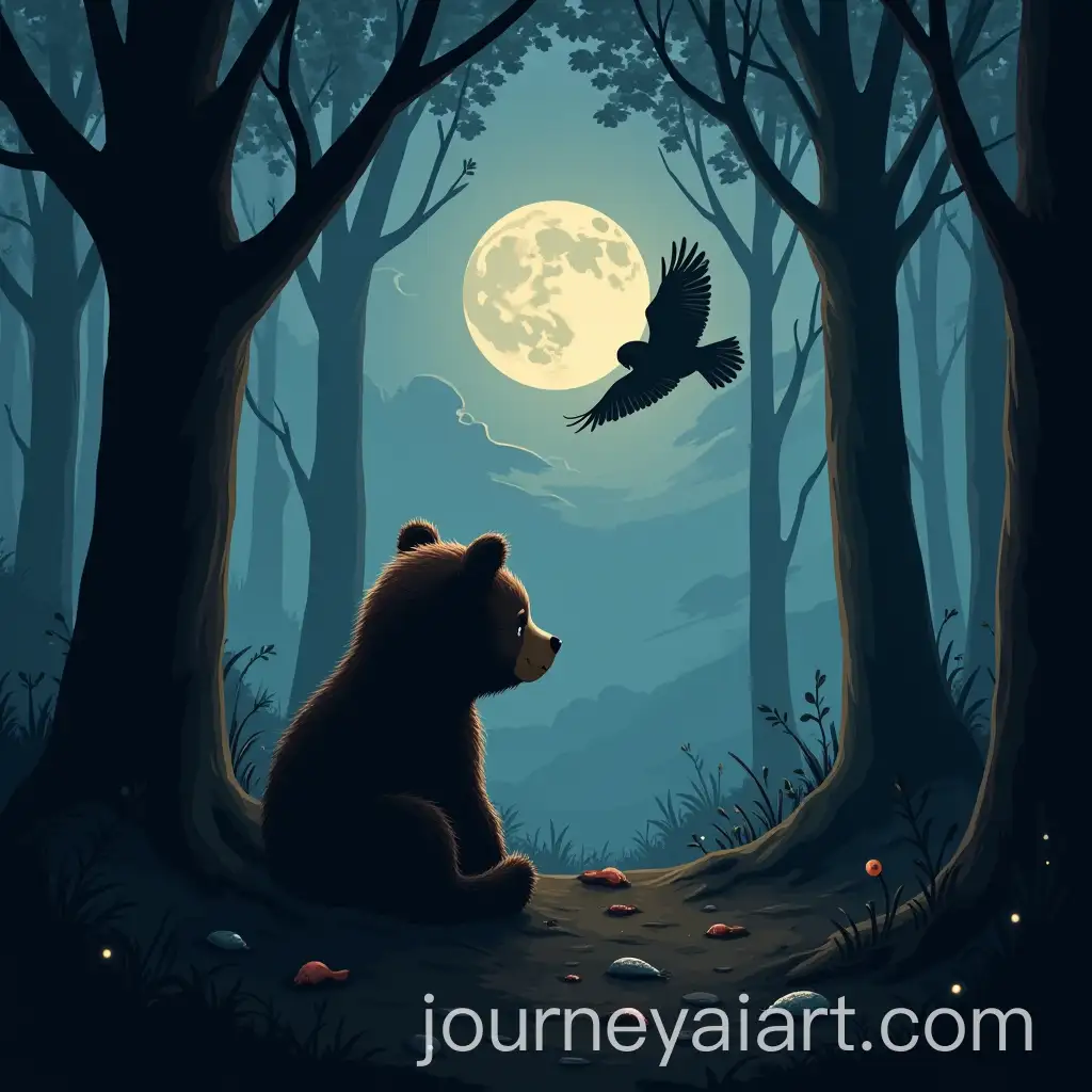 Bear-Cub-in-Dark-Forest-with-Moonlit-Sky-and-Owl