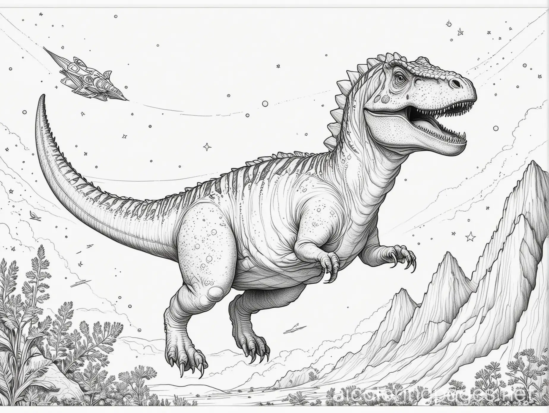 dinosaur in space, Coloring Page, black and white, line art, white background, Simplicity, Ample White Space. The background of the coloring page is plain white to make it easy for young children to color within the lines. The outlines of all the subjects are easy to distinguish, making it simple for kids to color without too much difficulty