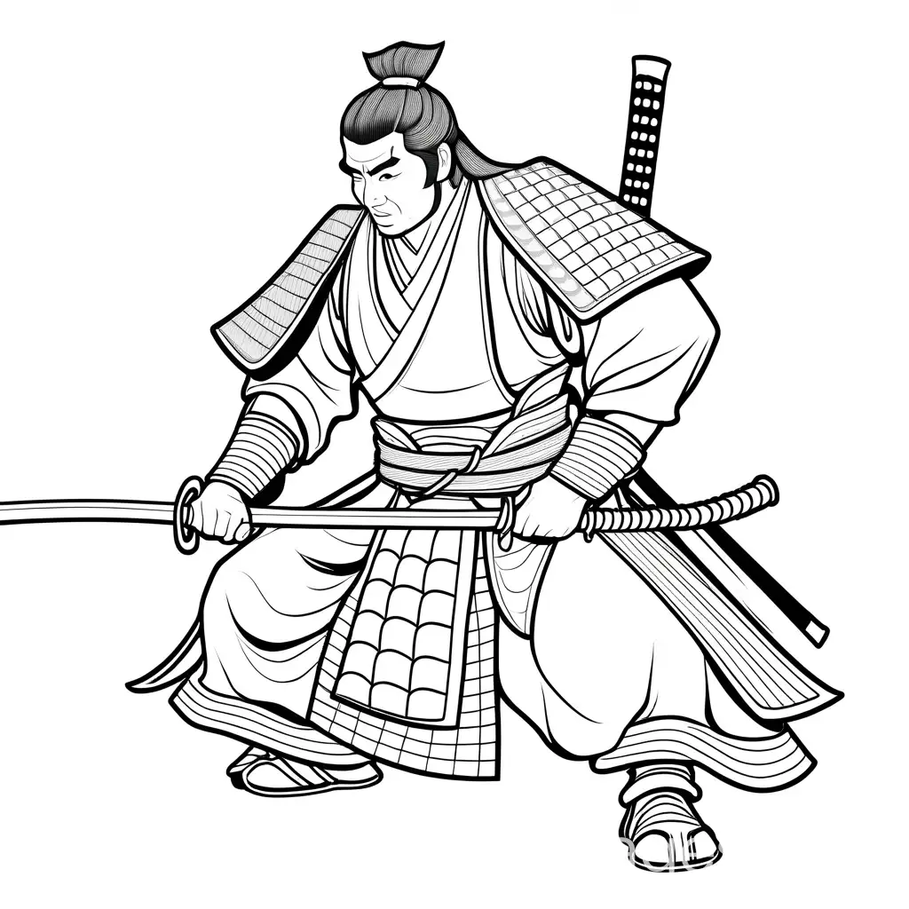 The samurai tying his waistband before the battle., Coloring Page, black and white, line art, white background, Simplicity, Ample White Space. The background of the coloring page is plain white to make it easy for young children to color within the lines. The outlines of all the subjects are easy to distinguish, making it simple for kids to color without too much difficulty