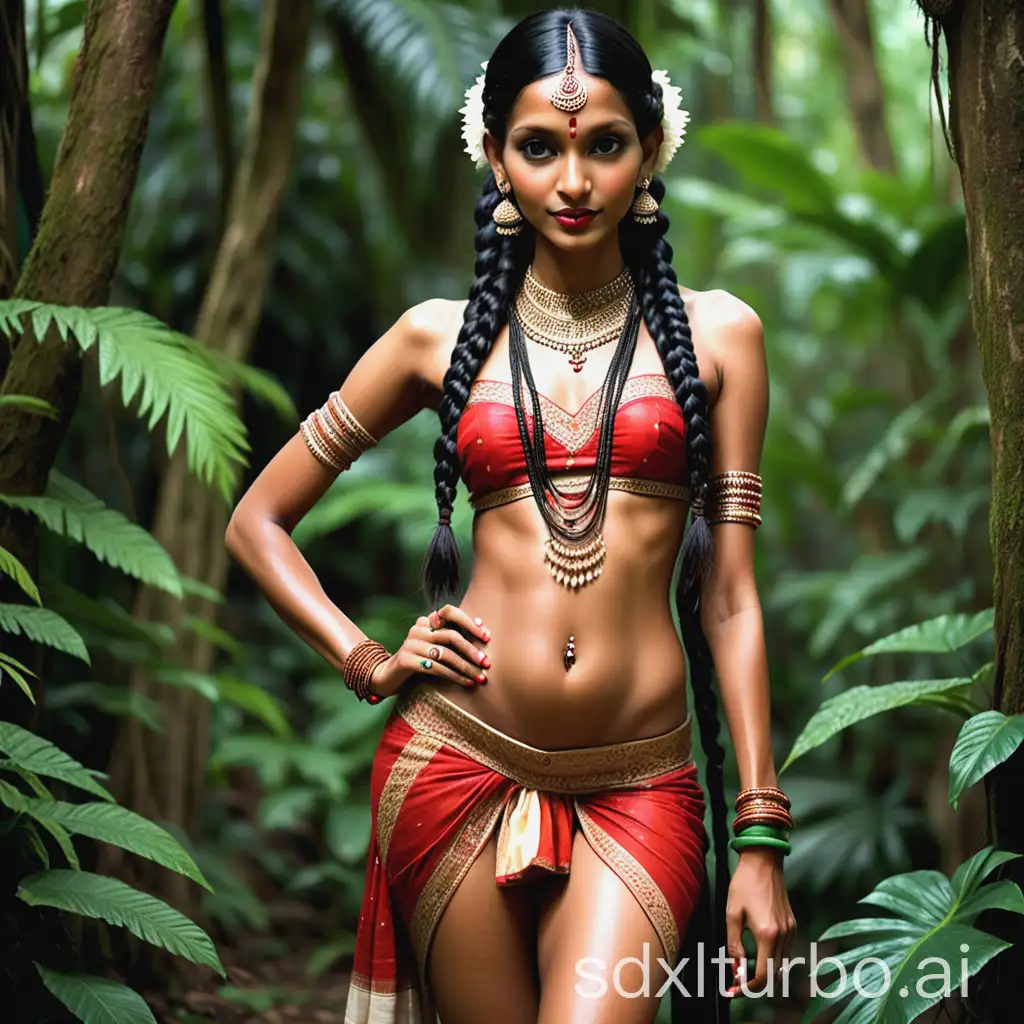 Beautiful Indian woman, in traditional attire, Originally lives in the rainforest, long legs and attractive chest, very feminine, very pretty face, long black braids down to her hips