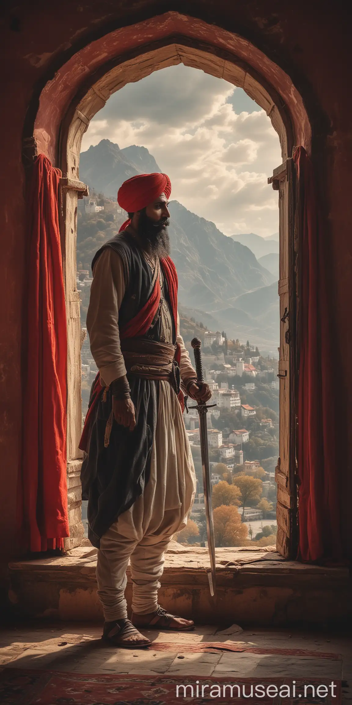 Sikh Man with Sword in Red Throne Castle Scene