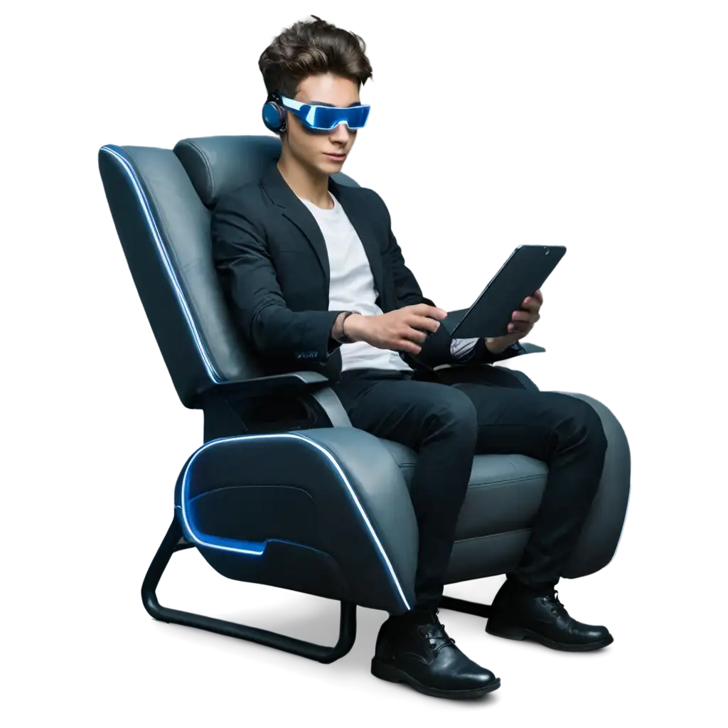 A futuristic environment, with neon lights and advanced technology. A young person is sitting in a comfortable chair, with an augmented reality (AR) device on their eyes.