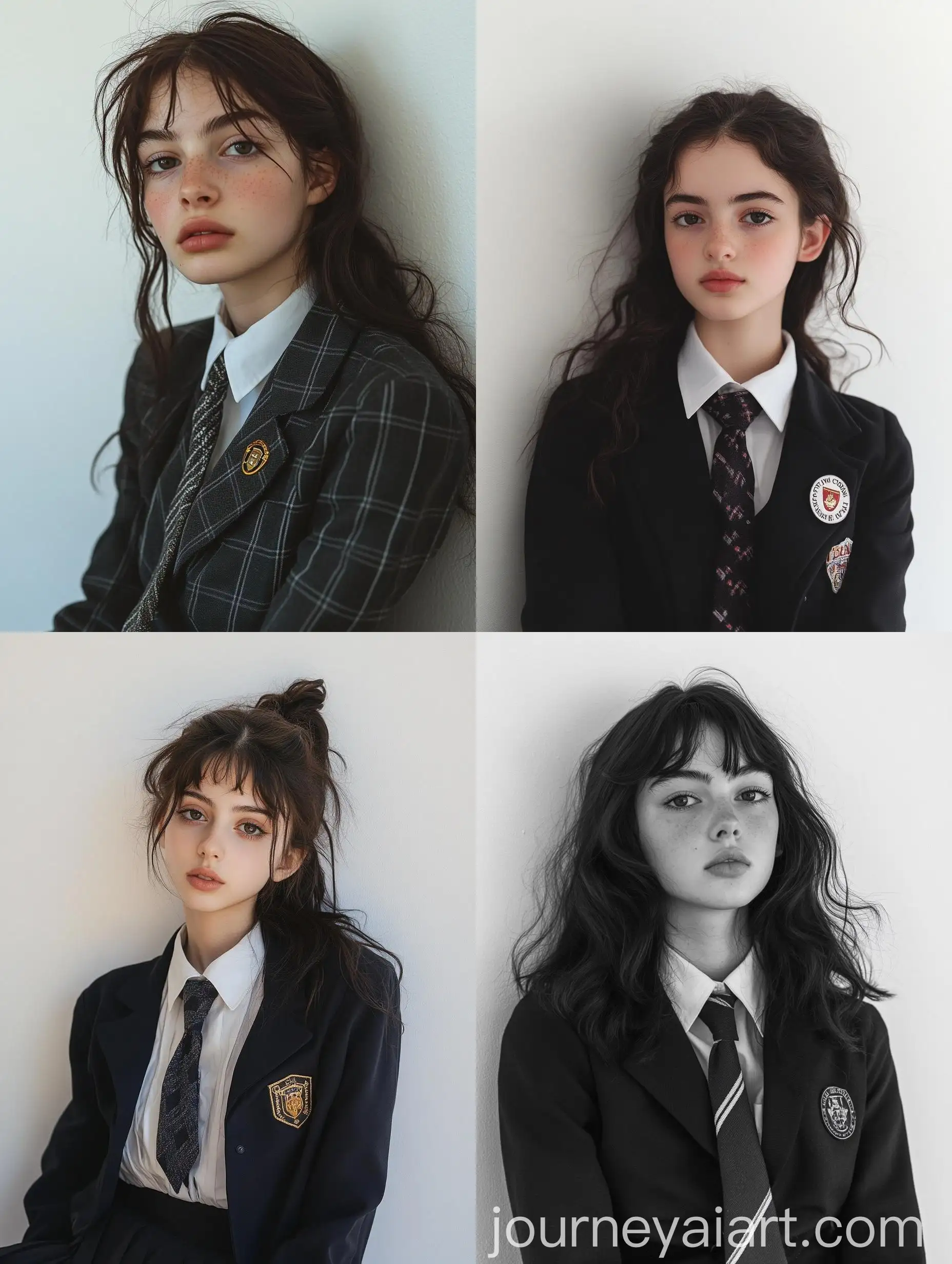 Schoolgirl-in-Uniform-Sitting-Against-White-Wall