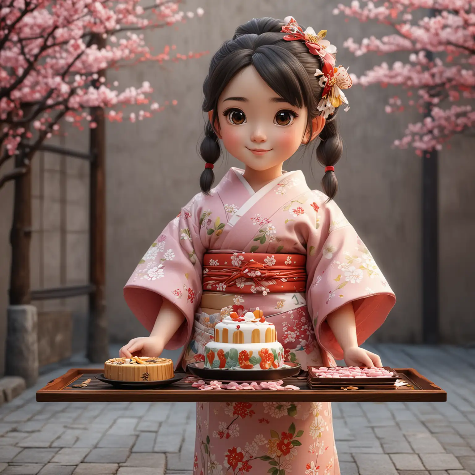 Cute-Little-Girl-in-Traditional-Japanese-Kimono-Holding-a-Cake-on-the-Streets-of-Japan