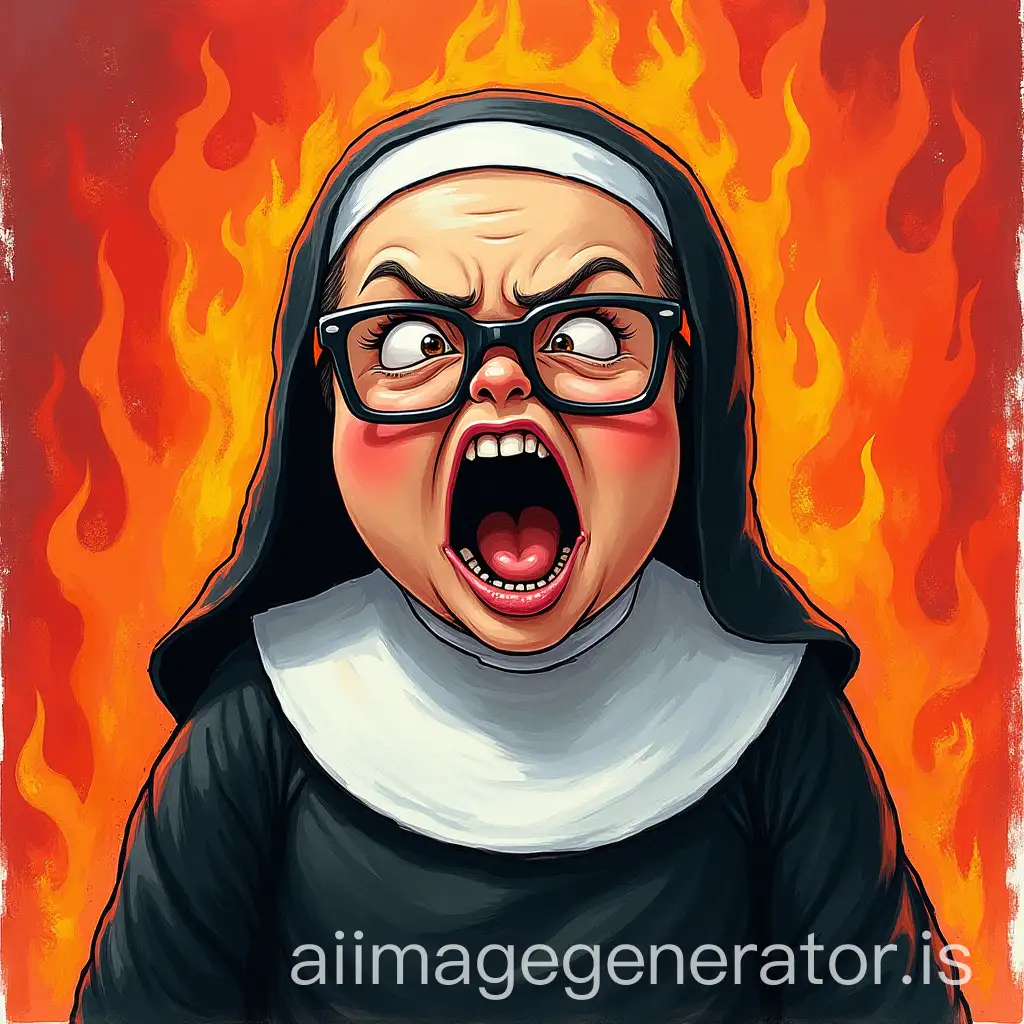 Drawing in crayons of the chubby nun, short, wrinkled and with large glasses, screaming with fury. On the background, pure colors of fire, like from hell.