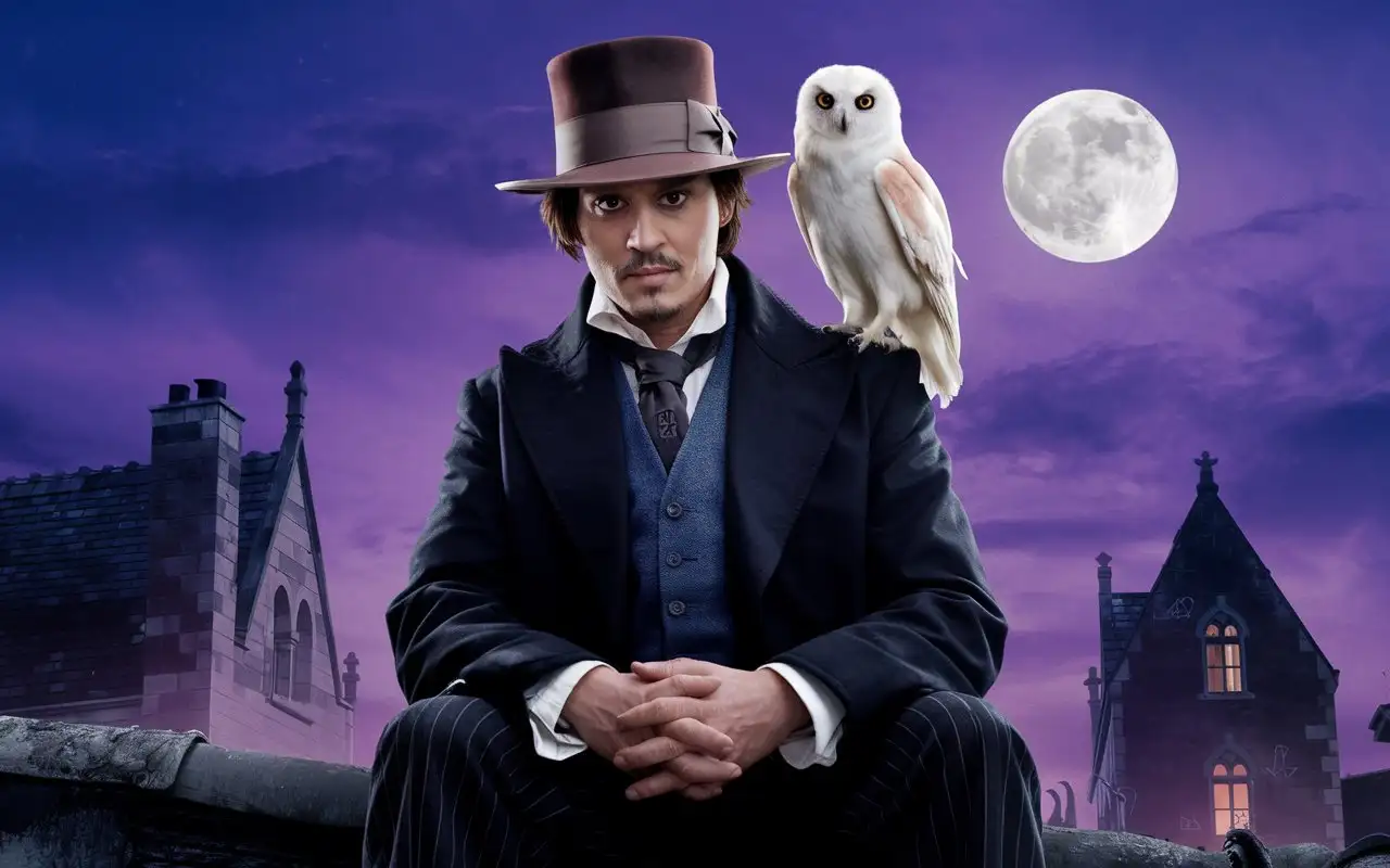 Johnny Depp with Fedora Sitting on Roof with White Owl at Night