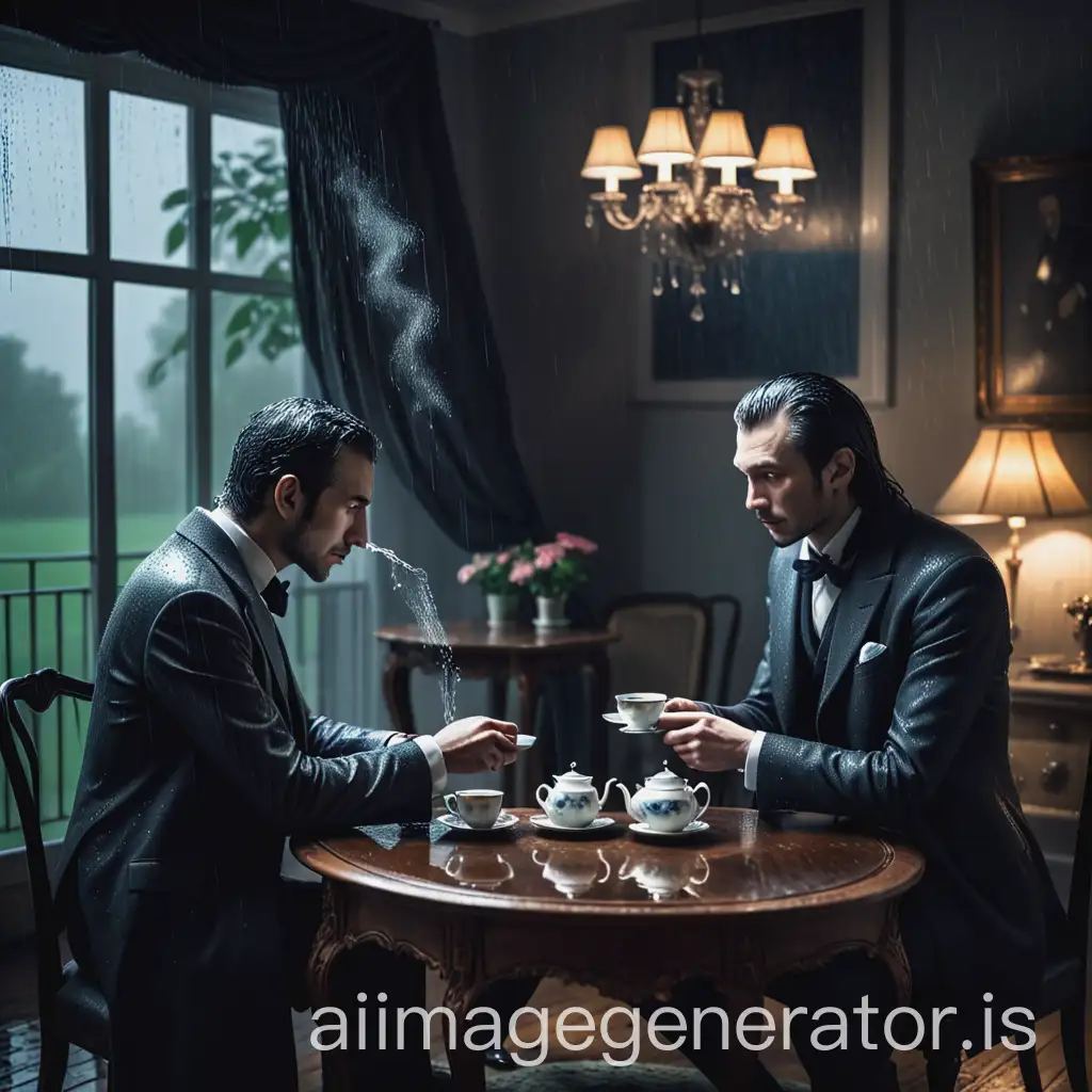 Two mysterious men sitting drinking tea on a table in a living room, in the evening with rain outside. They are well dressed and can be seen in profile