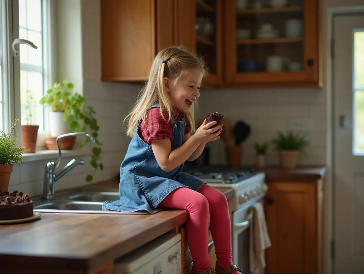 Playful-Girl-Enjoying-Chocolate-Cake-in-the-Kitchen