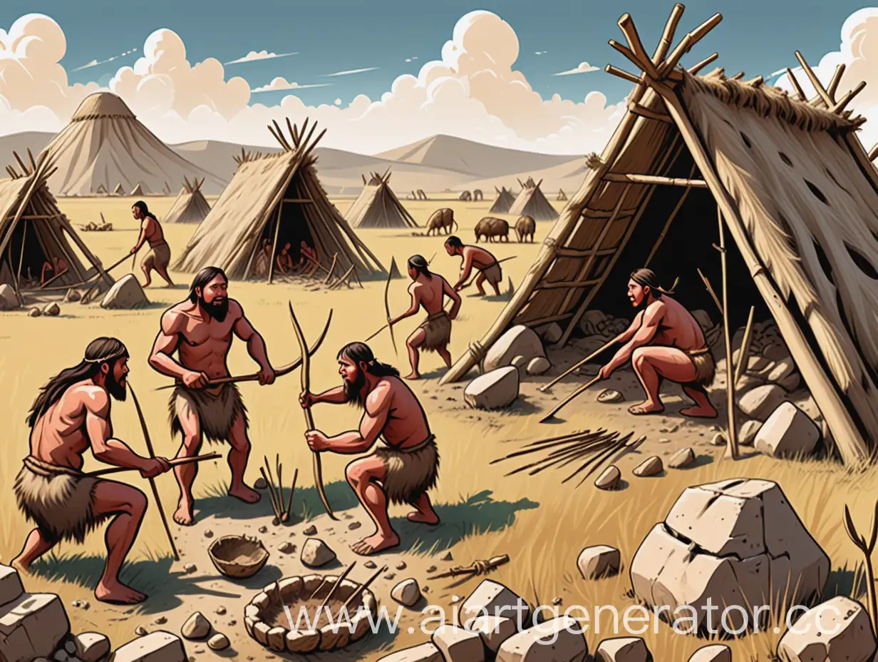 A detailed comic-style illustration depicting Paleolithic people in Kazakhstan engaged in everyday activities. Some are working in fields with primitive farming tools, while others are hunting with spears and bows. The scene shows their simple dwellings and the rich natural environment.