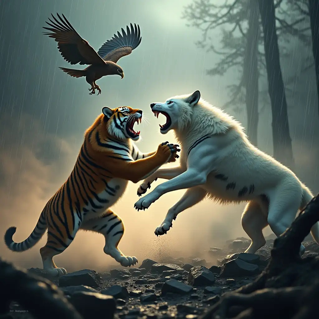 Epic battle scene, a fierce tiger and a white wolf mid-action clash, claws extended, snarling in the heat of battle. Above them, a mighty eagle circles in the stormy sky, ready to strike. Intense and emotional atmosphere, rain pouring down, dust swirling, dynamic composition, dramatic tension in every motion. Warm and dark tones, cinematic lighting highlighting muscle tension and fur detail. The environment is a rocky, mist-covered battlefield with scattered broken trees, wet ground, and flickering lightning. Highly detailed, immersive storytelling, emphasizing the primal ferocity of the wild creatures.