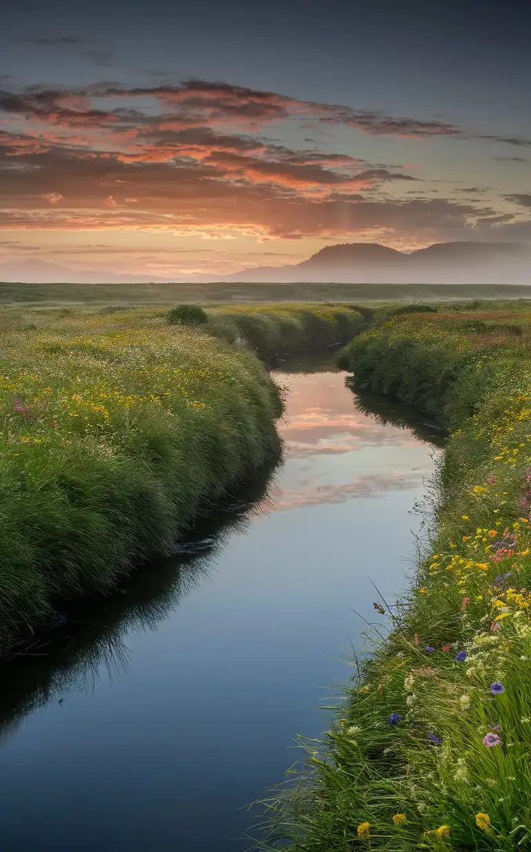 A serene, expansive meadow at dawn with the first light breaking over the horizon, casting a golden glow over the rich, vivid colors of the wildflowers and grasses. A tranquil river flows through the meadow, perfectly mirroring the vibrant sky. The scene exudes calm and stillness, inviting contemplation. The super wide lens captures the full breadth of the meadow and the depth of the field, emphasizing the peacefulness and natural beauty in stunning 8k resolution.