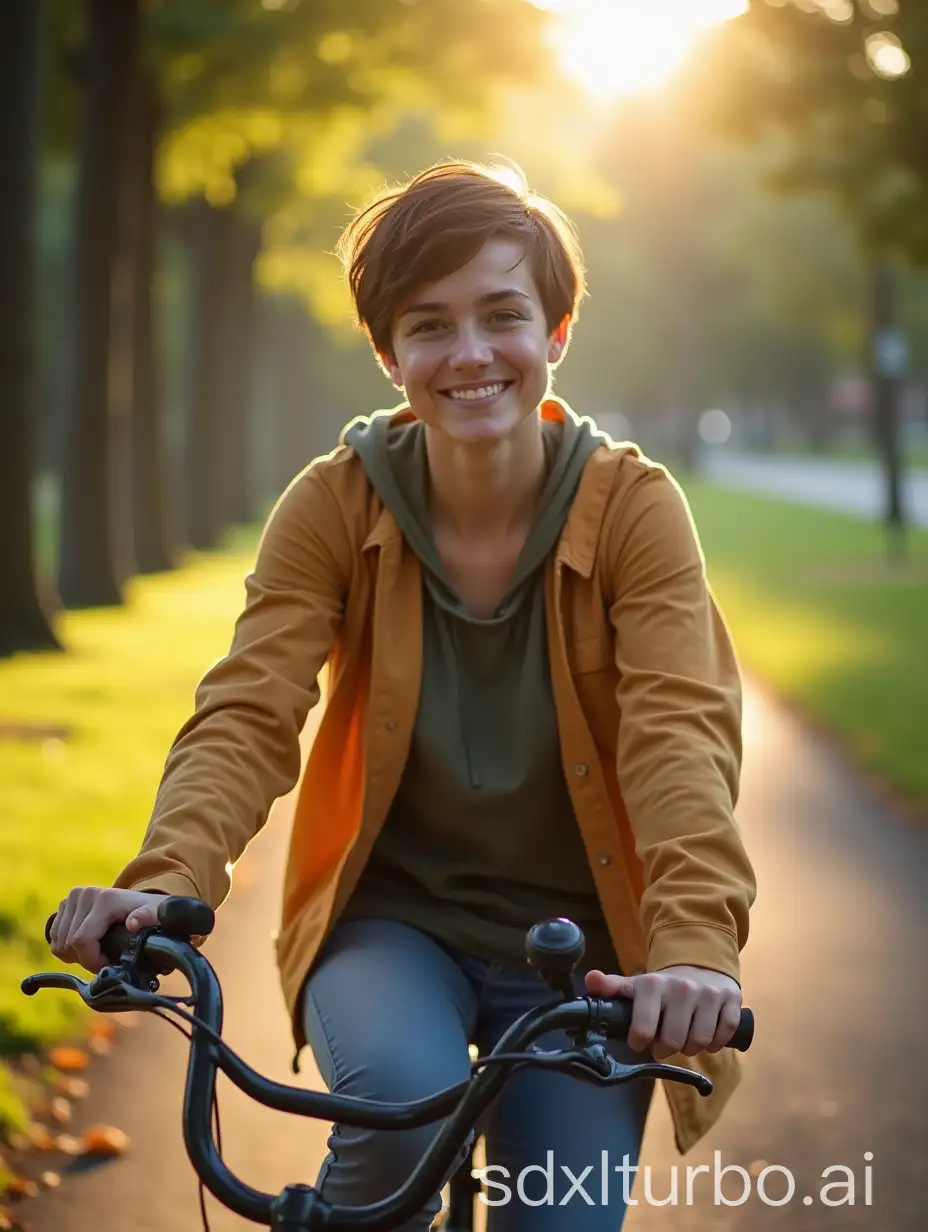 outdoor photography, young woman, pixie-cut brunette hair, riding bicycle along park path, morning light on face, trees and sunlight filtering through the leaves