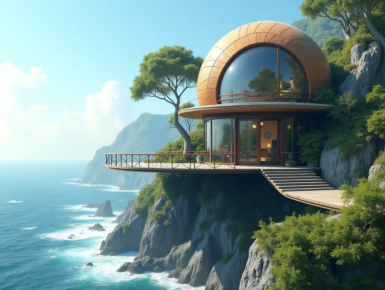 Create a high-resolution, realistic panorama image of a futuristic terrace building with window snail house with bridge and steps to the mainland with many plants and gray and brown facades with sea with very large waves, big trees, blue sky