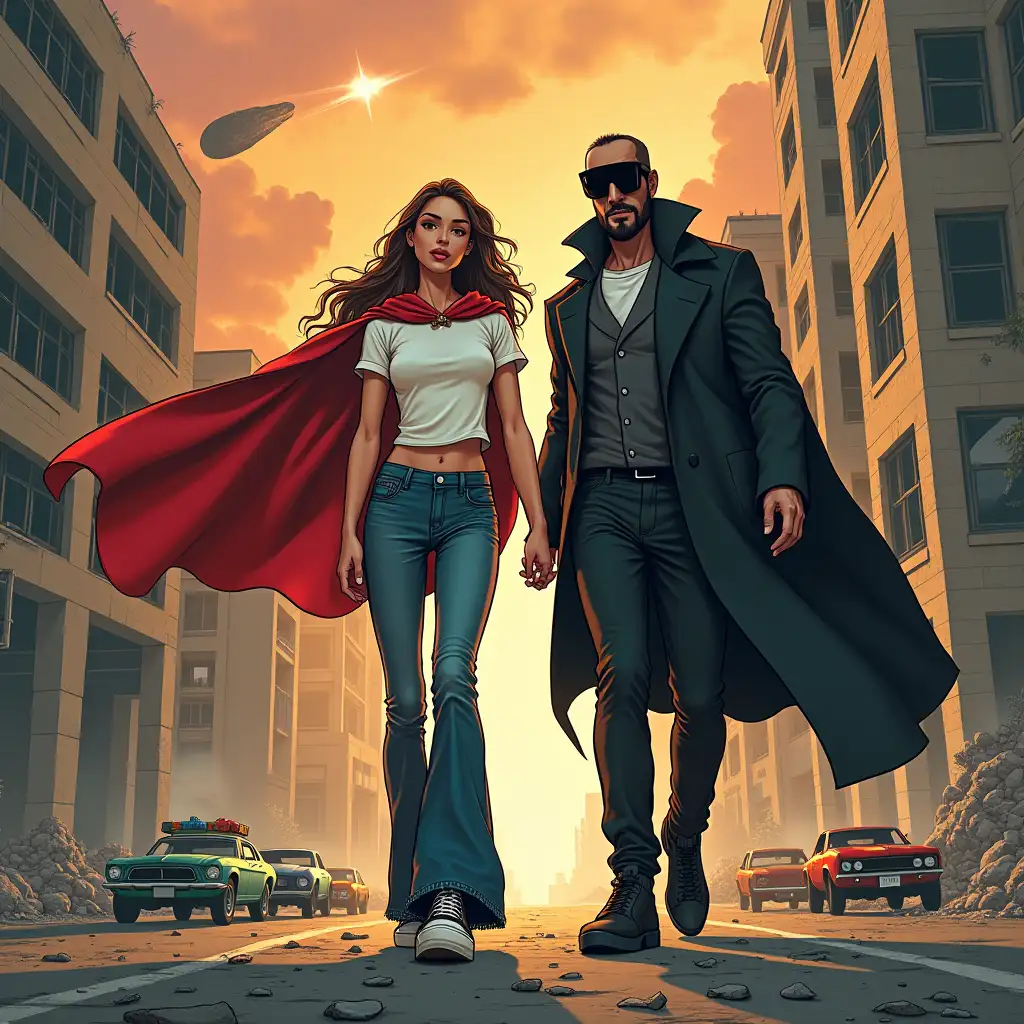 This cover is called mass destruction, the superheroine has long and brown hair, a red cape, bell-bottom jeans and a white t-shirt, Vans shoes, my supervillain has a black suit and black cape and black shoes, brown hair, they are in a destroyed city with destroyed buildings and cars and in the sky you can see a meteorite