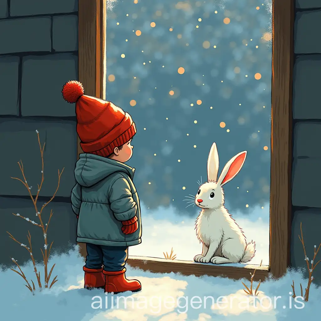 Boy-in-Grey-Coat-Watching-Snowfall-Through-Window-with-Big-White-Hare-OutsideAI-Image-Prompt-Expansion