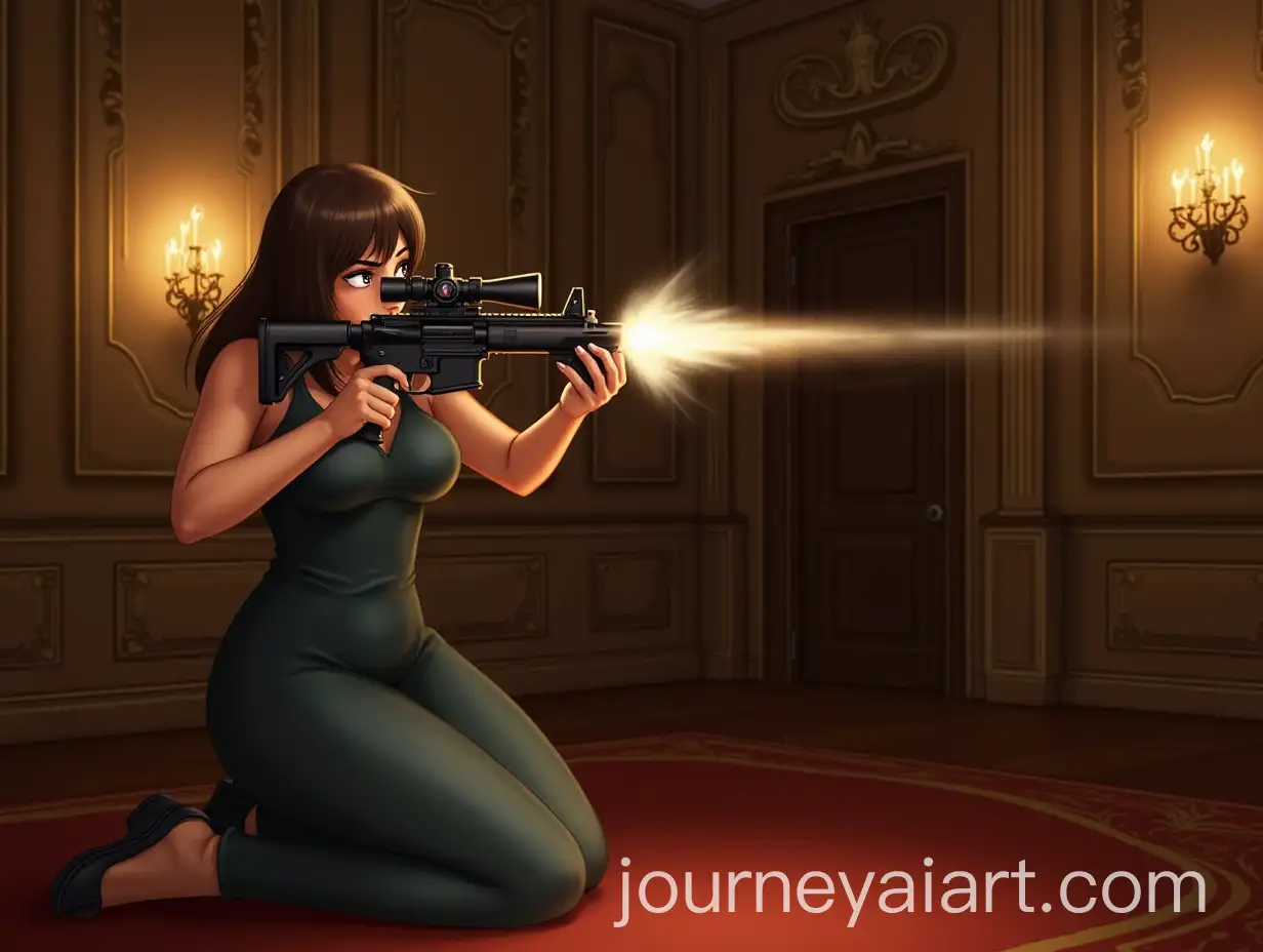 Woman-Spy-in-Dress-Crouching-and-Aiming-with-Assault-Rifle-at-Banquet-Hall