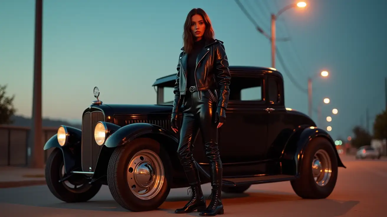 realistic photo, woman standing next to rat rod , wearing black shinny pvc jumpsuit , blackshiny pvc jacket , wearing black shinny pvc thigh high boots , black shinny pvc long gloves , in californian street at dusk