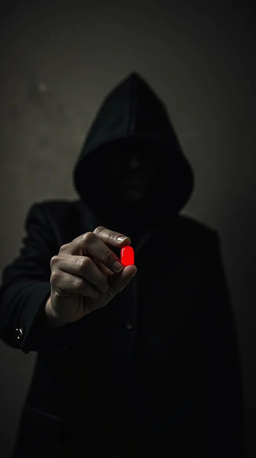 Mysterious Man Holding Red Pill in Dark Horror Scene