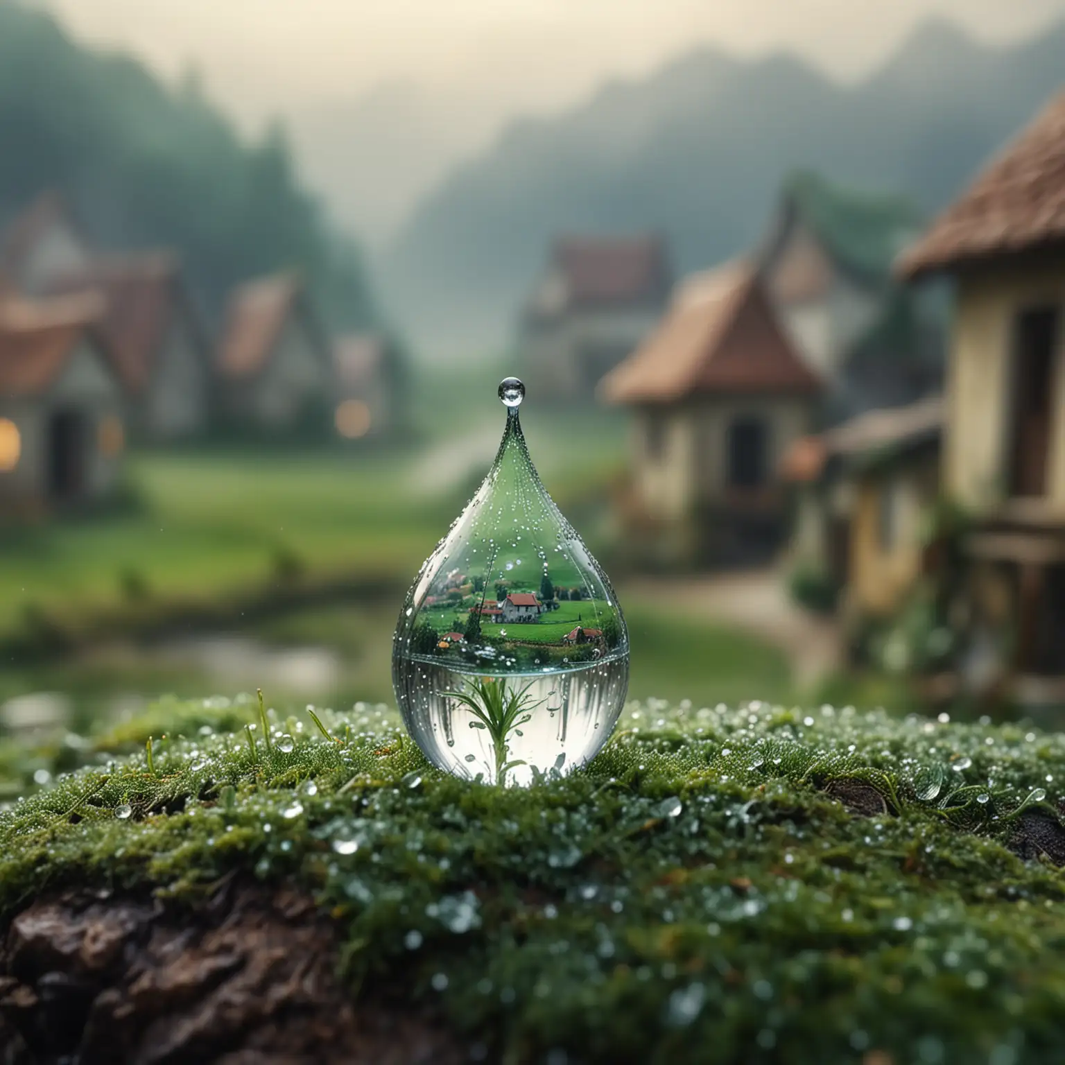 Macro-Photo-of-Dew-Drop-with-Miniature-Village-Inside-Ethereal-Fantasy-Art