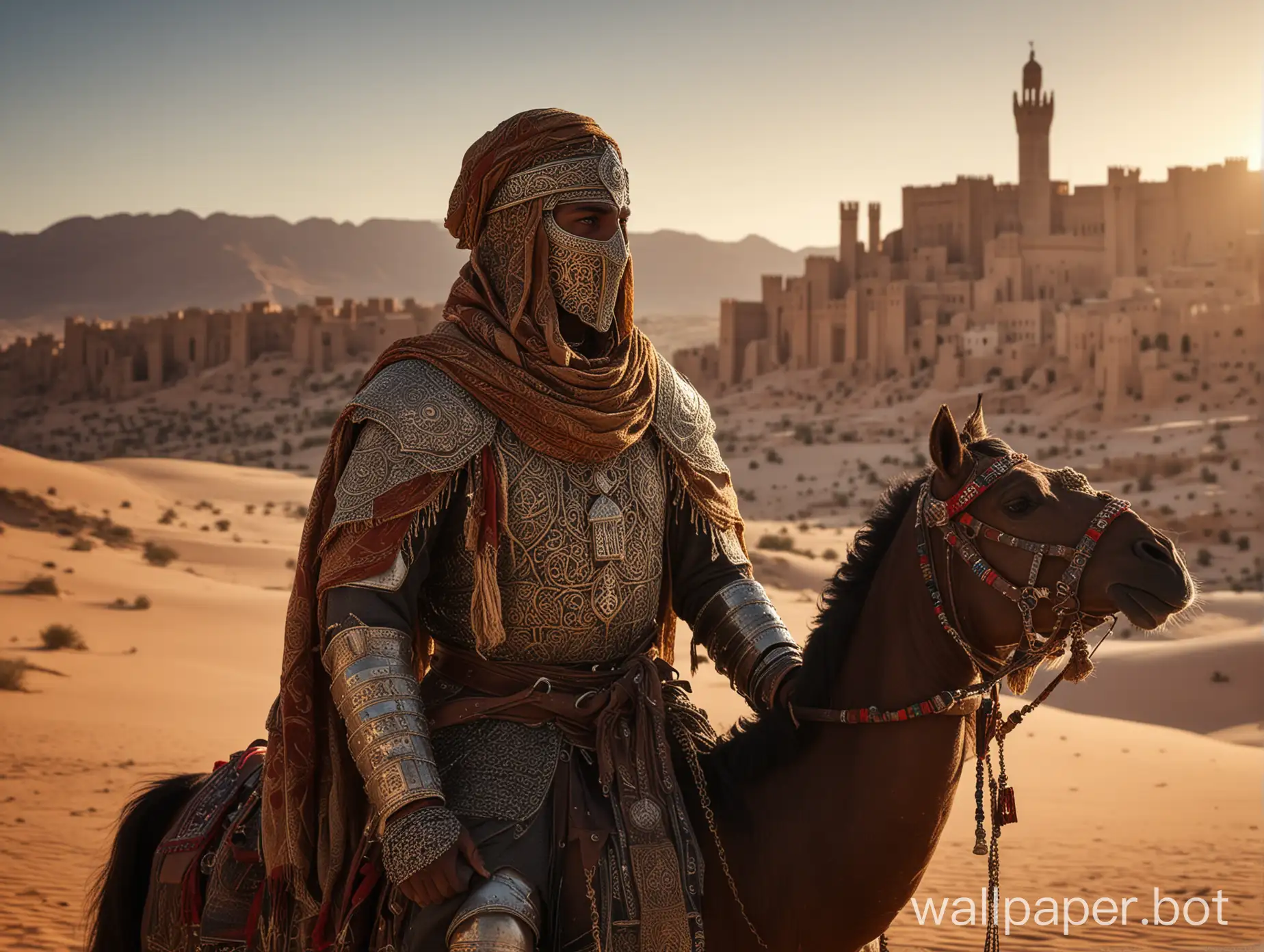 Generate a 4K quality wallpaper of a Moorish medieval warrior in full ornate armor, his face completely covered by a detailed, closed helmet with intricate arabesque patterns. He is sitting proudly on either a horse or camel, both adorned with decorated saddles and tack, in the middle of a vast desert landscape. The warrior wears a flowing dark cloak, and a sword is visible at his side. Behind him stands a medieval Arabic city with tall sandstone buildings, domed rooftops, and minarets. The scene is bathed in the golden light of the setting sun, casting long shadows across the desert, enhancing the atmosphere of the ancient world. His face is completely covered by berber scarf