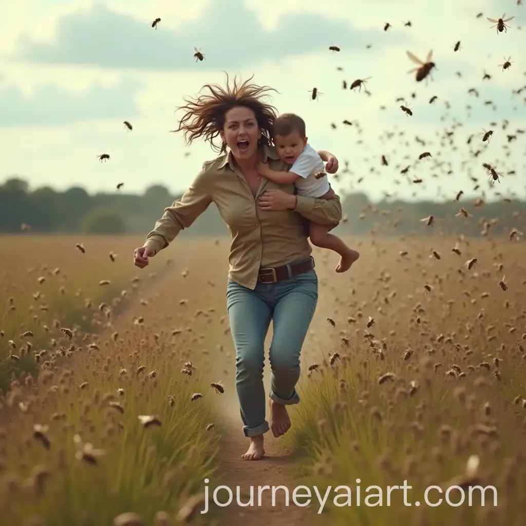 Mother-Running-to-Escape-Swarm-of-Bees-While-Holding-Her-Child