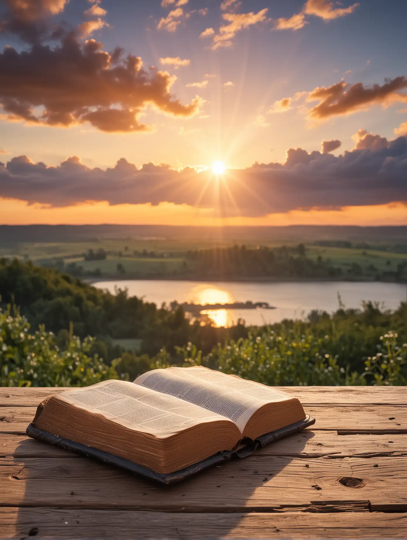 Morning Sunrise with Open Bible on Wooden Table