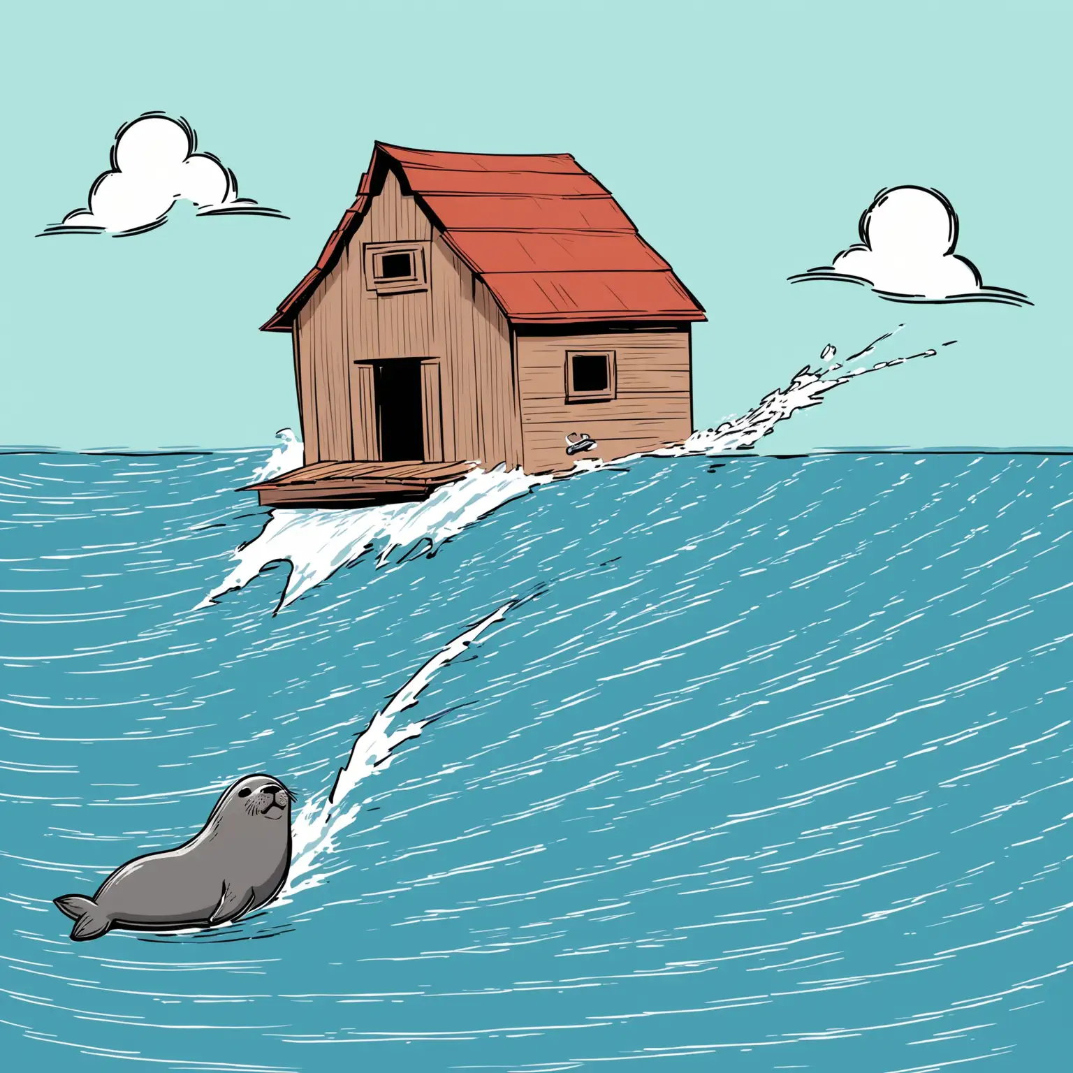 cartoon like, trajectory of a small barn drifting at sea with a seal on its roof