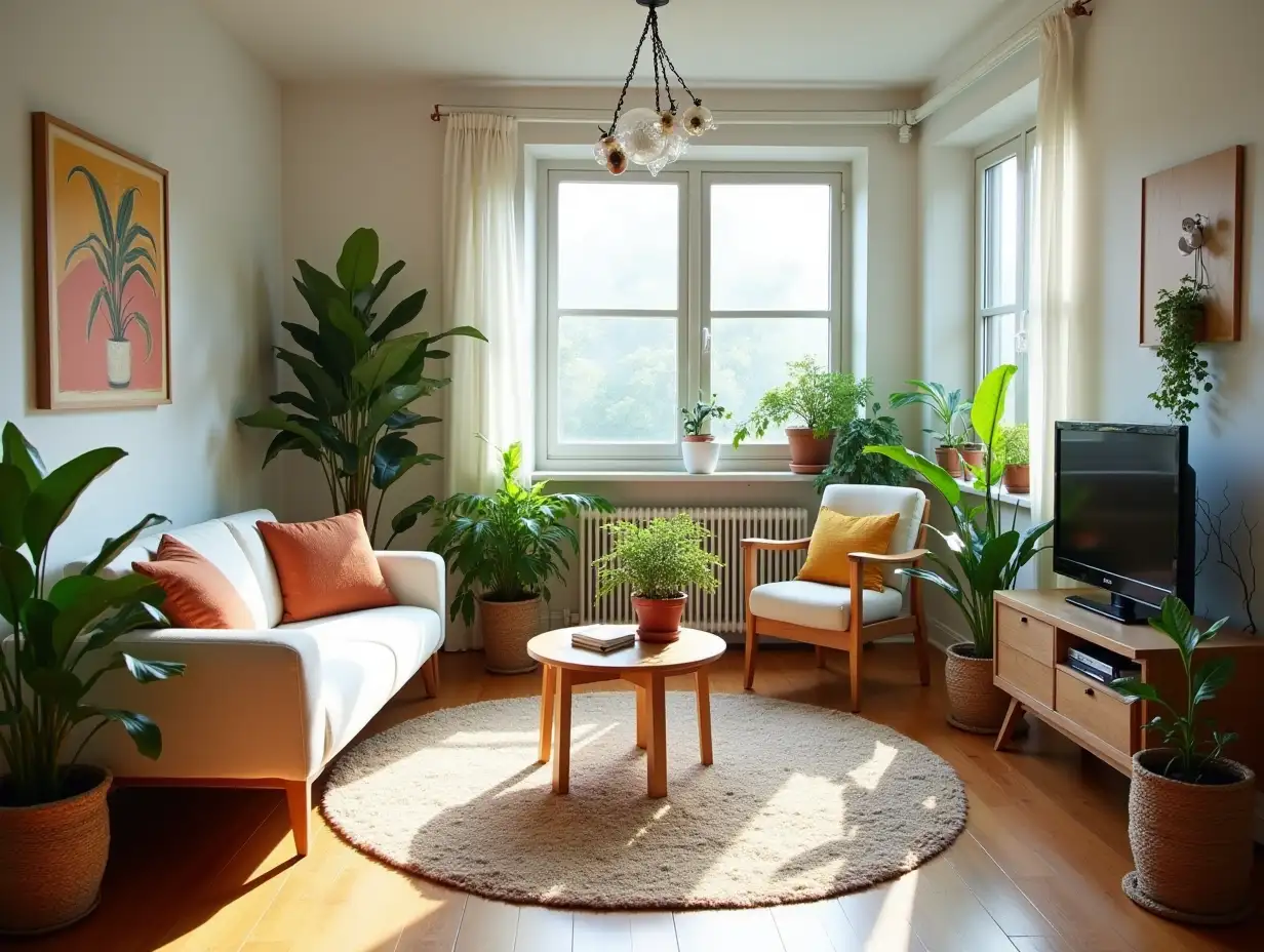 A cozy, eco-friendly apartment featuring sustainable design elements, like furniture made from reclaimed wood, potted plants that add a touch of nature, and large windows that bring in natural light. The space feels fresh and inviting, highlighting the importance of sustainability in modern living.