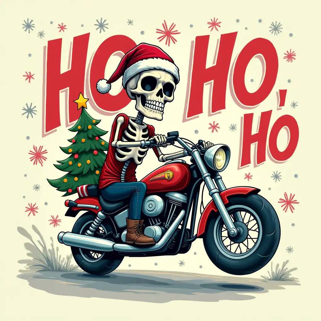 Oil painting ART. Create a humorous Christmas-themed graphic featuring a skeleton riding a motorcycle, wearing a Santa hat and holding a Christmas tree with presents. The skeleton should have large, expressive eyes and a playful grin. The text 'HO HO HO' should be prominently displayed in bold neon, contrasting fonts, with a playful, handwritten style. The background should be a light, neutral color with snowflakes scattered around. Consider adding other festive elements, such as Christmas lights or reindeer, to enhance the visual appeal. The overall style should be lighthearted and fun, with a touch of irony.