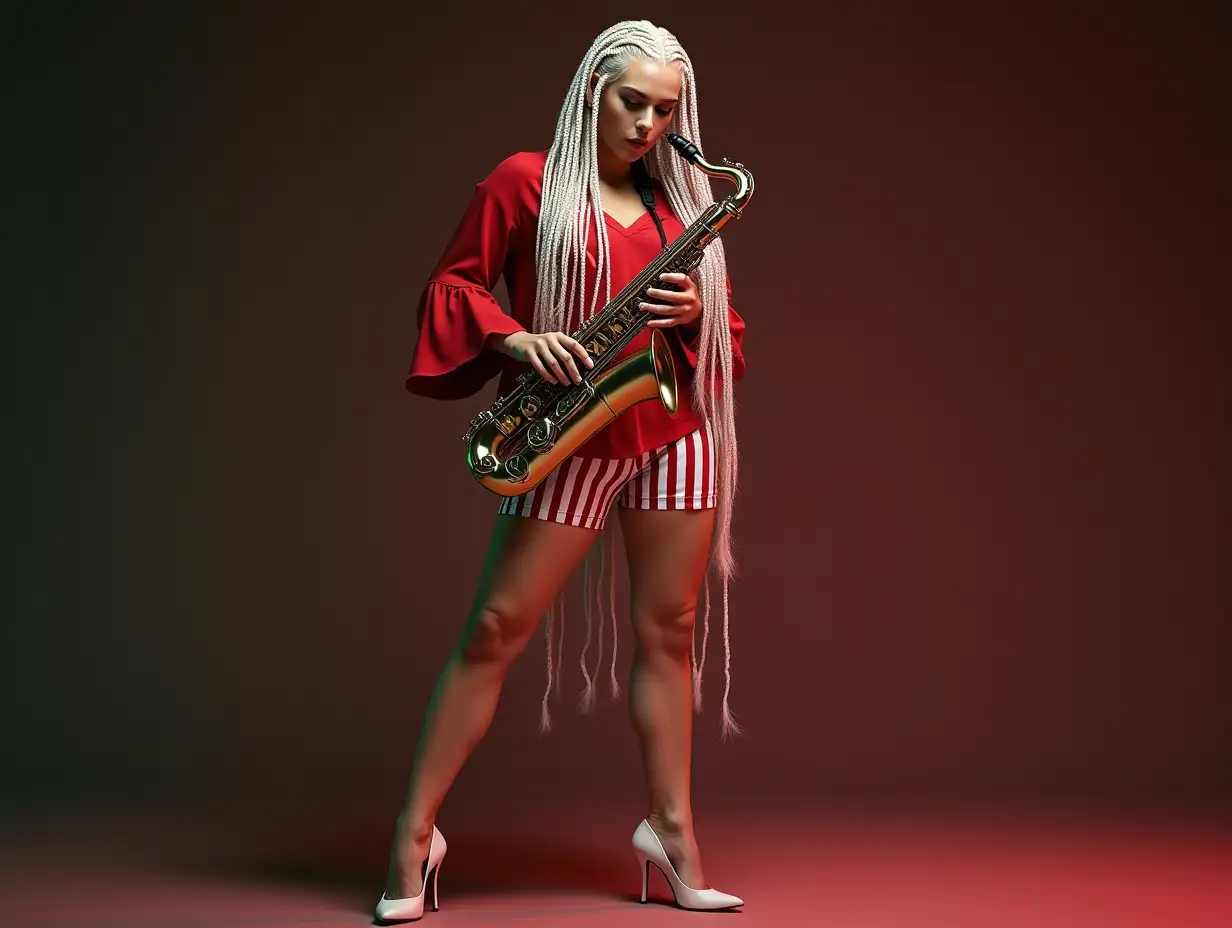 Ultradetailed, hyperrealistic, photorealistic portrait of a woman with long braided hair that's white-red mixed and reaches the ground, red blouse, white high heels, and tight white-red striped short pants, playing with a saxophone texture, surfaces and lighting to create depth, dimension and a vivid photorealistic appearance, 120mm shot