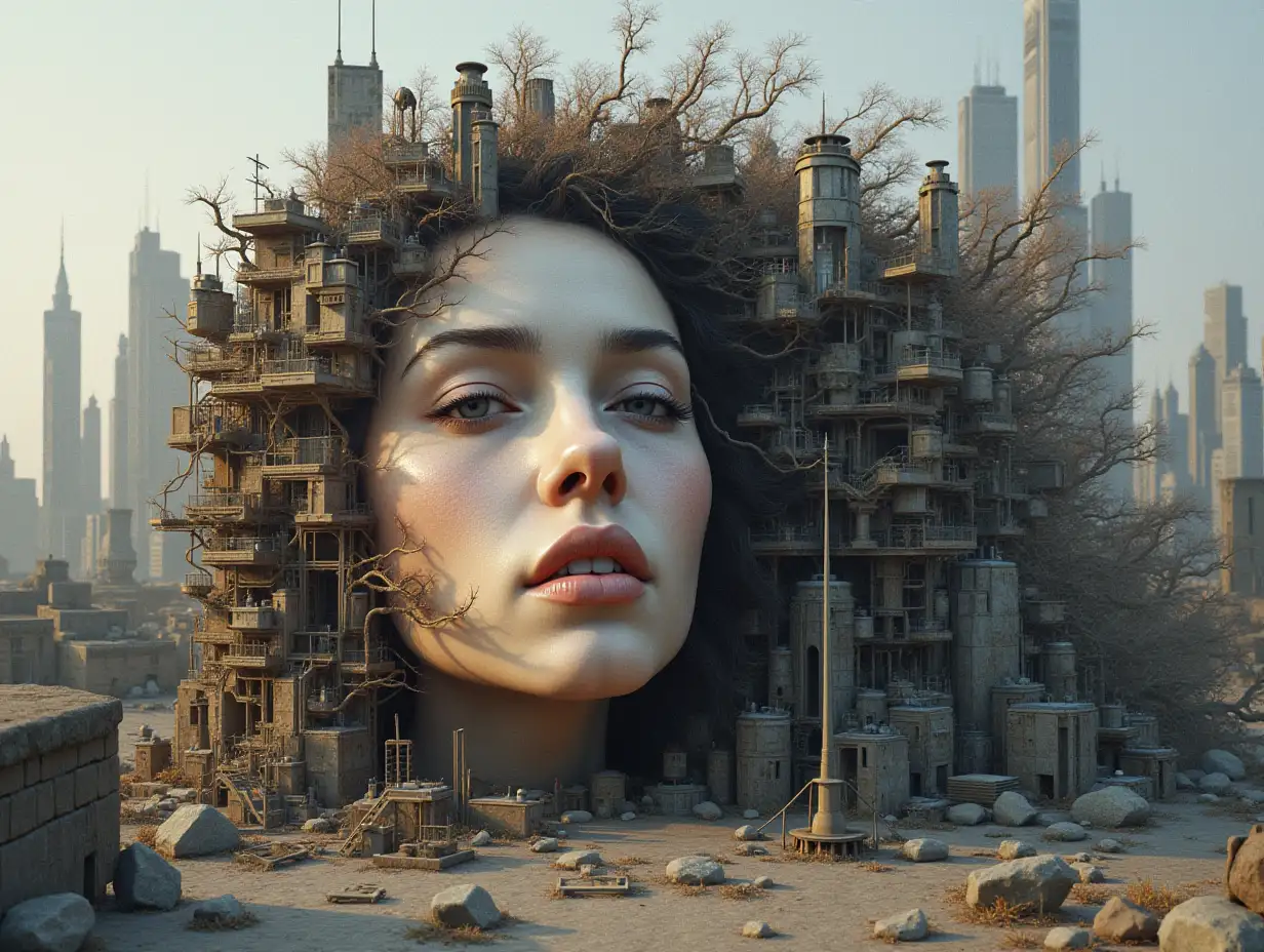 Face with hair transformed into building