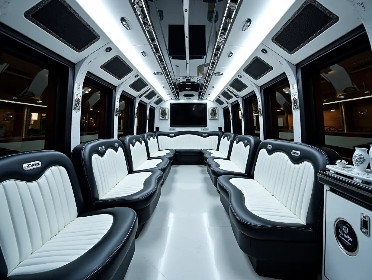 Supermodern party bus with ten meters length and ten seat rows Steampunk white and black porcelain