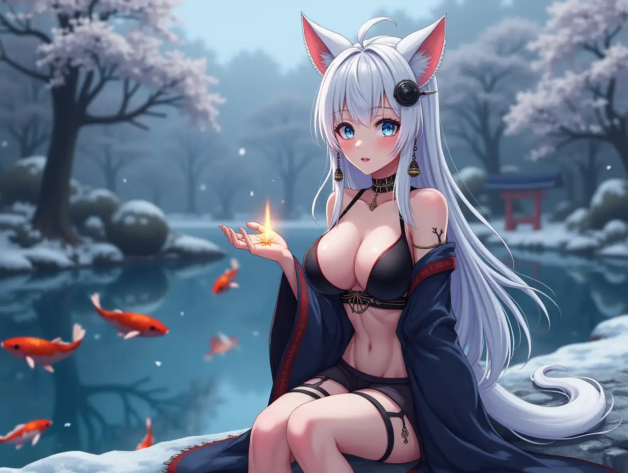 Anime mature adult woman with an hourglass body who looks like she is in her 30's with big breast, extreme cleavage, blue eyes, black and gold earrings, a choker around her neck, long white hair and white cat ears on her head. She is in a extremely revealing Miko outfit in the spring time sitting by a koi fish pond. The background is snowing with Japanese trees blowing in the wind. She light up small laterns for the event tonight.