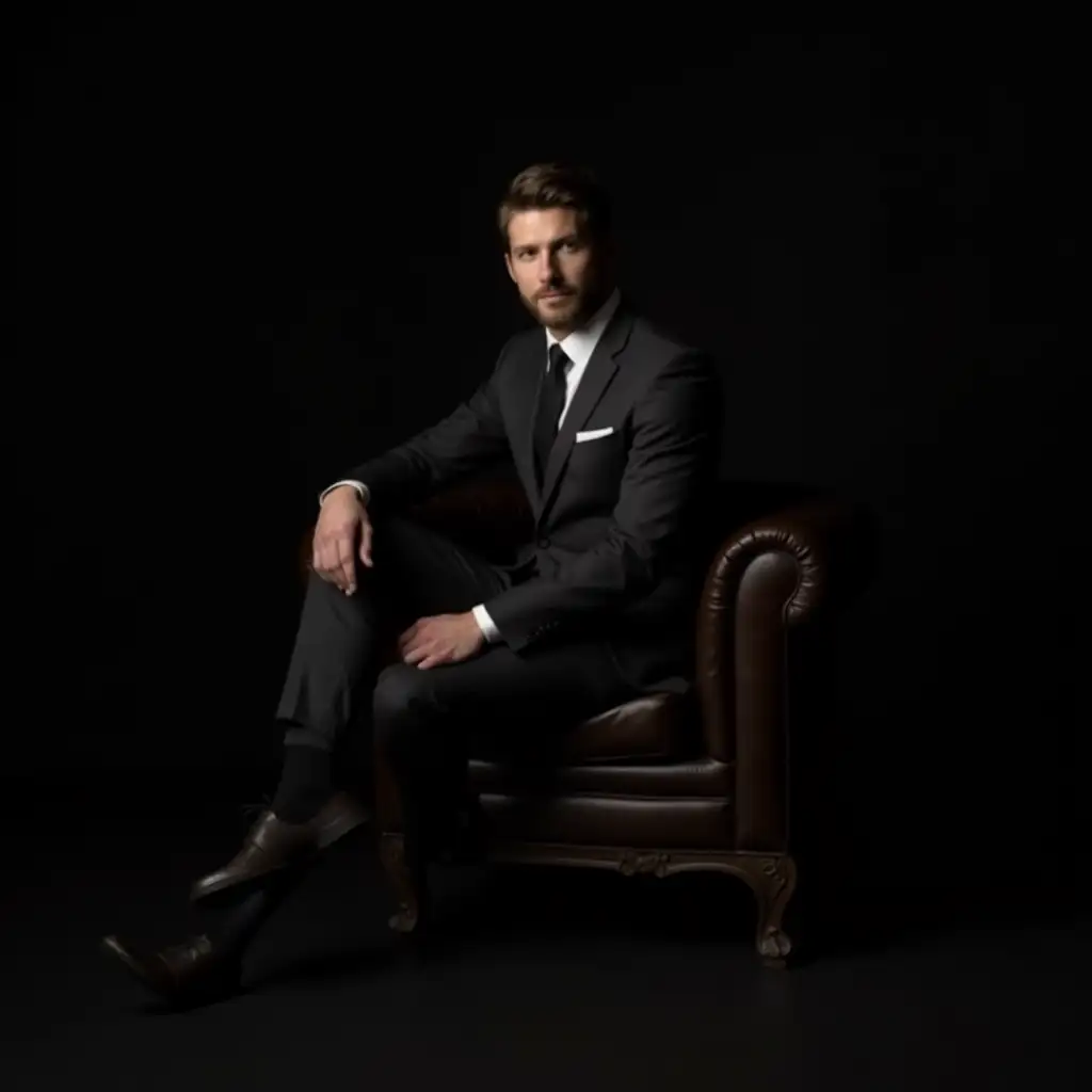 Handsome Man in Suit Posed on Chesterfield Sofa in Spotlight