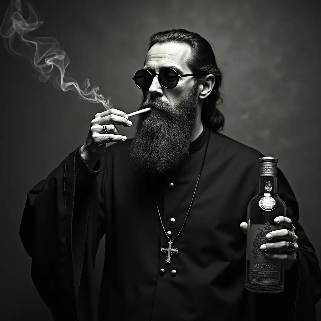 Mystical Priest Rasputin Wearing Sunglasses Smoking Cigarette and Drinking Vodka