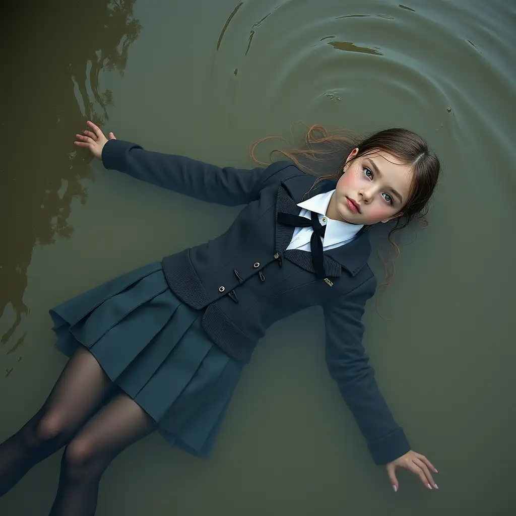 A young schoolgirl in a school uniform, in a skirt, jacket, blouse, dark tights, high-heeled shoes. She is swimming in a dirty pond, lying under water, all her clothes are completely wet, wet clothes stick to her body, the whole body is under water, submerged in water, under the surface of the water, below the water's edge.