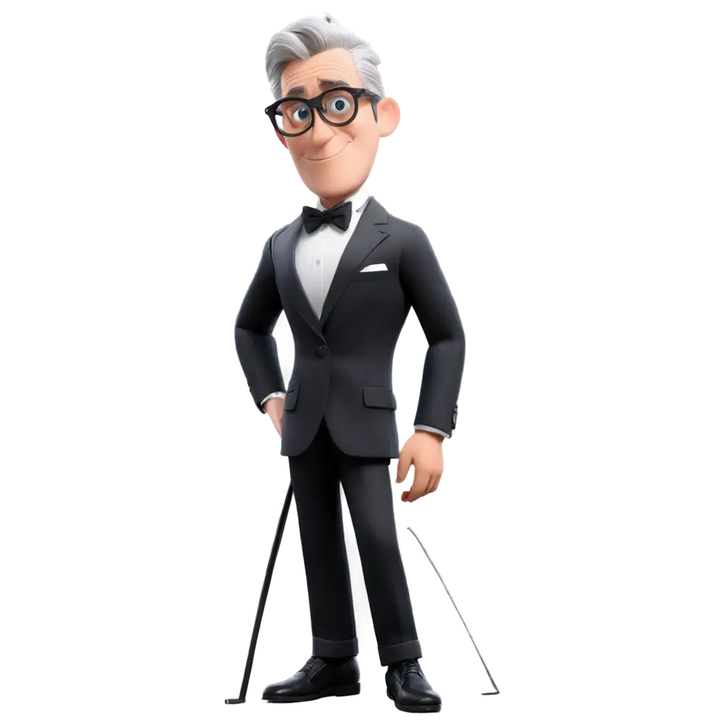 young Pixar character in a tux with grey  hair, blue eyes and black glasses as civil engineer