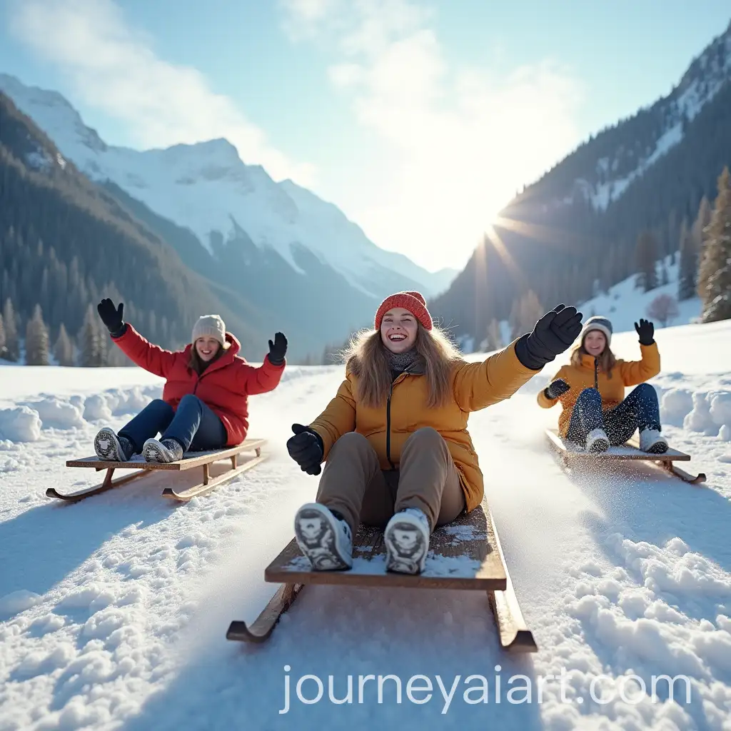 Happy-People-Enjoying-Sledding-in-Snowy-Mountain-Landscape