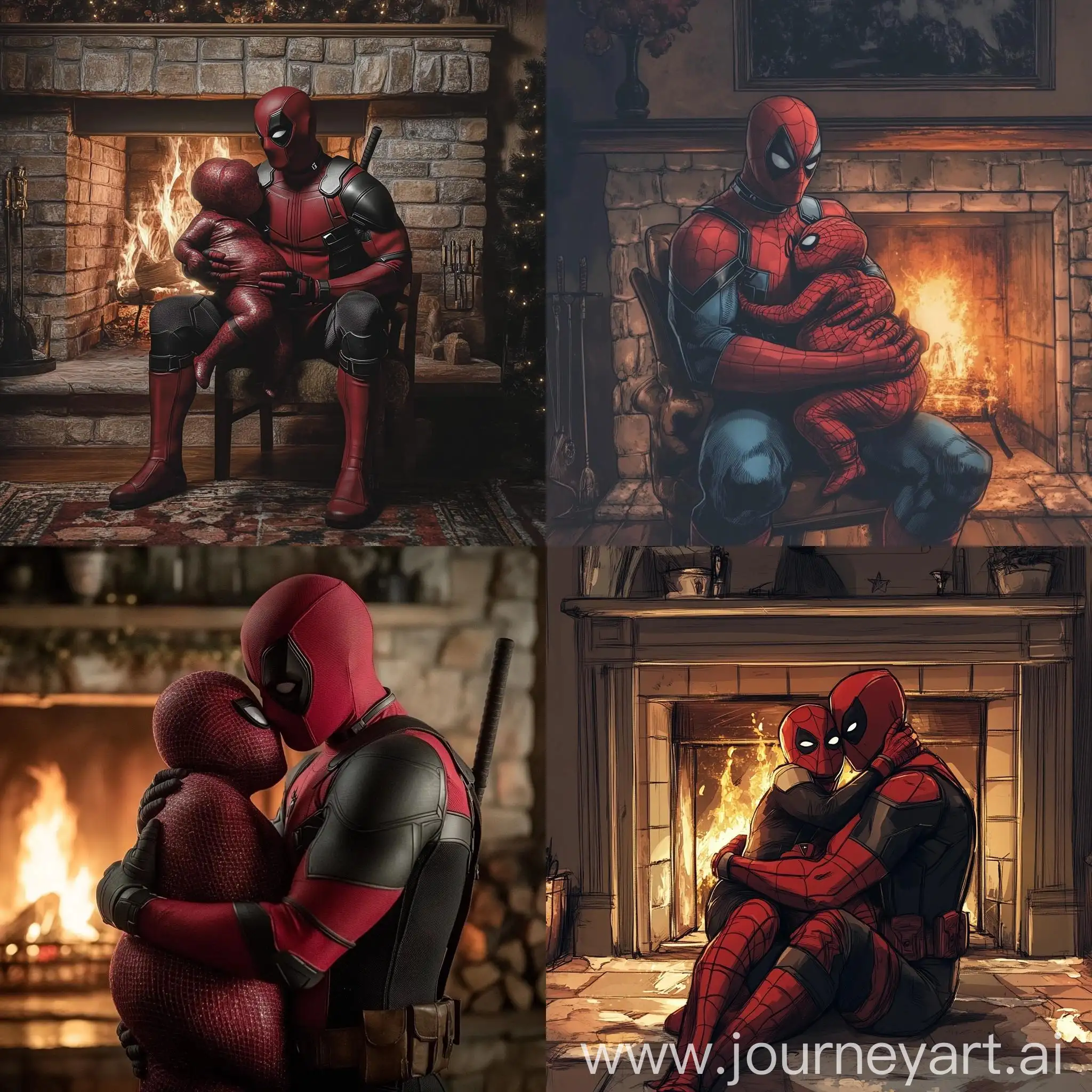 SpiderMan-Hugs-Pregnant-Deadpool-by-the-Fireplace