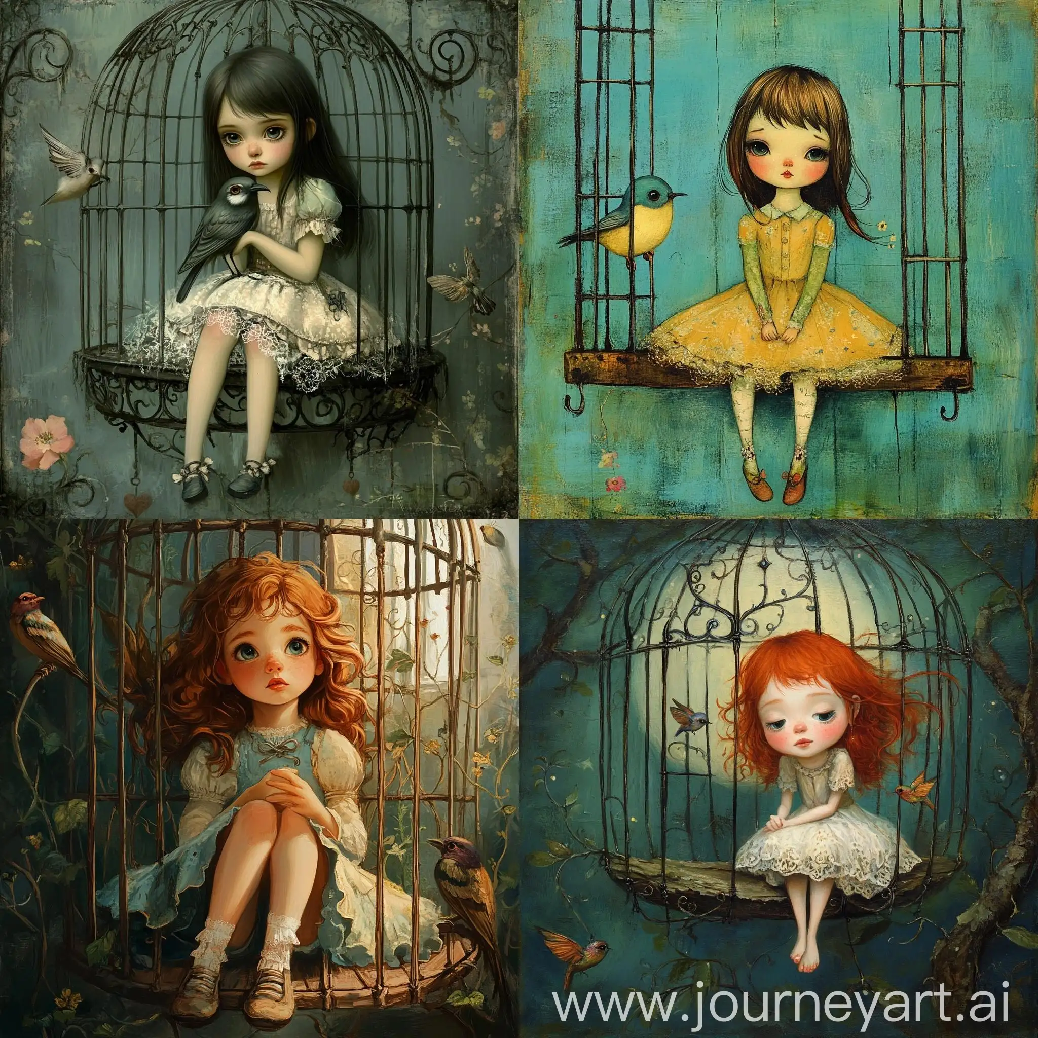 Cute-Girl-Sitting-on-Perch-in-Cage-Illustration