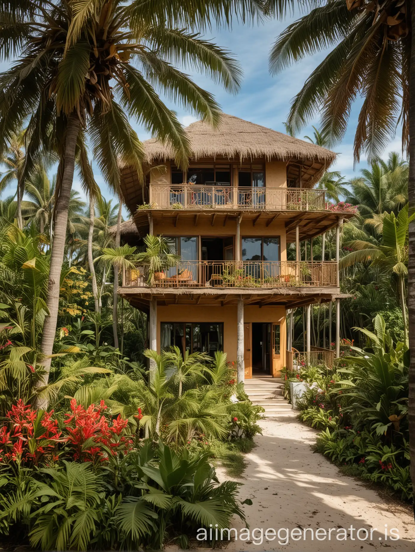 further view of a two-storeys sustainable house with coconut tropical garden, colorful plants, coconut roof, sand beach