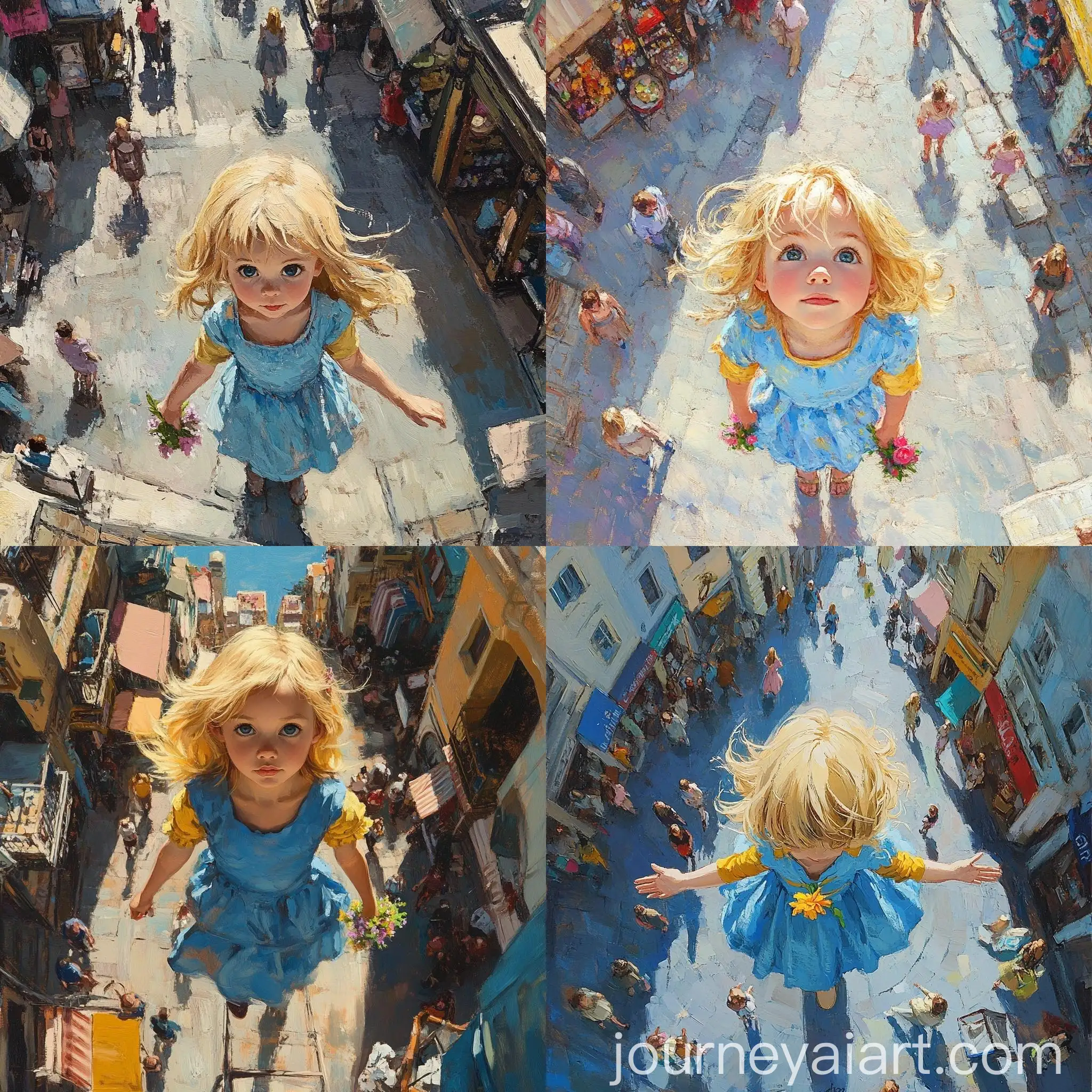 Blonde-Girl-in-Blue-Dress-Holding-Flower-on-Busy-Street
