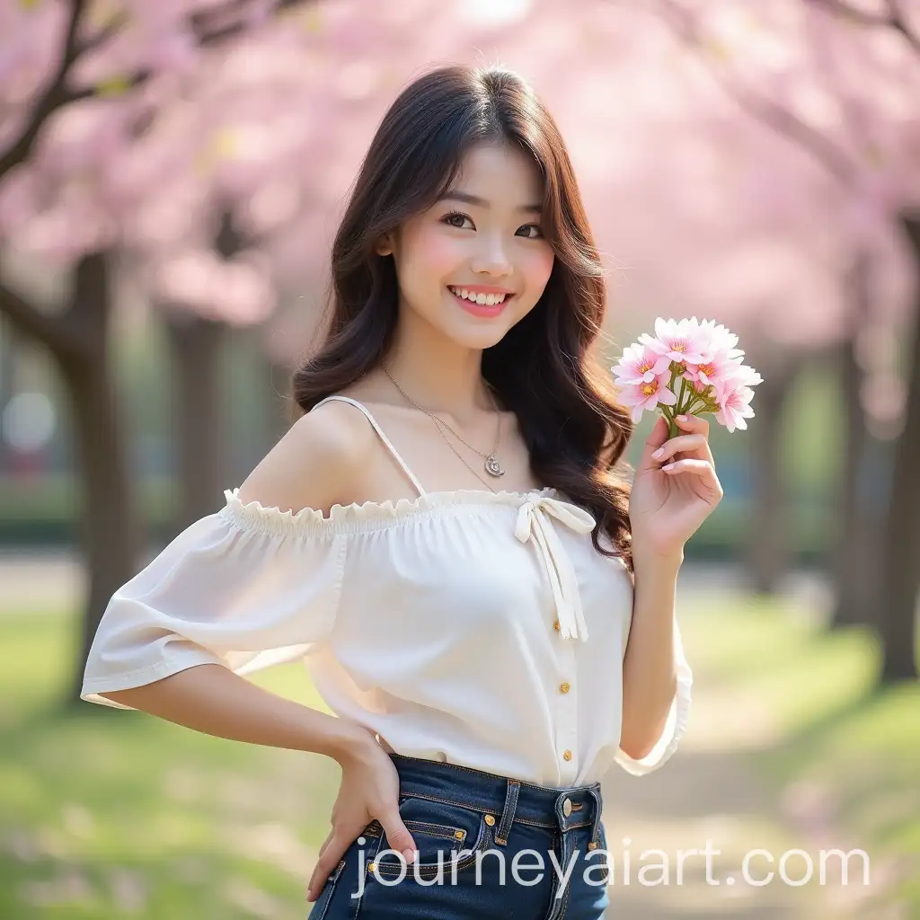 Asian-Girl-Smiling-with-Dimpled-Cheeks-and-Cherry-Blossom-Bouquet-in-Serene-Park