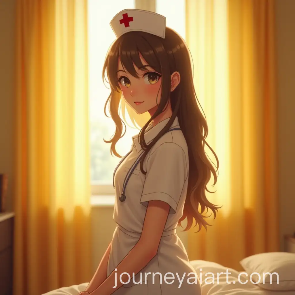 Cute-Girl-in-Nurse-Costume-in-Bedroom-with-Sunrays-and-Yellow-Curtains