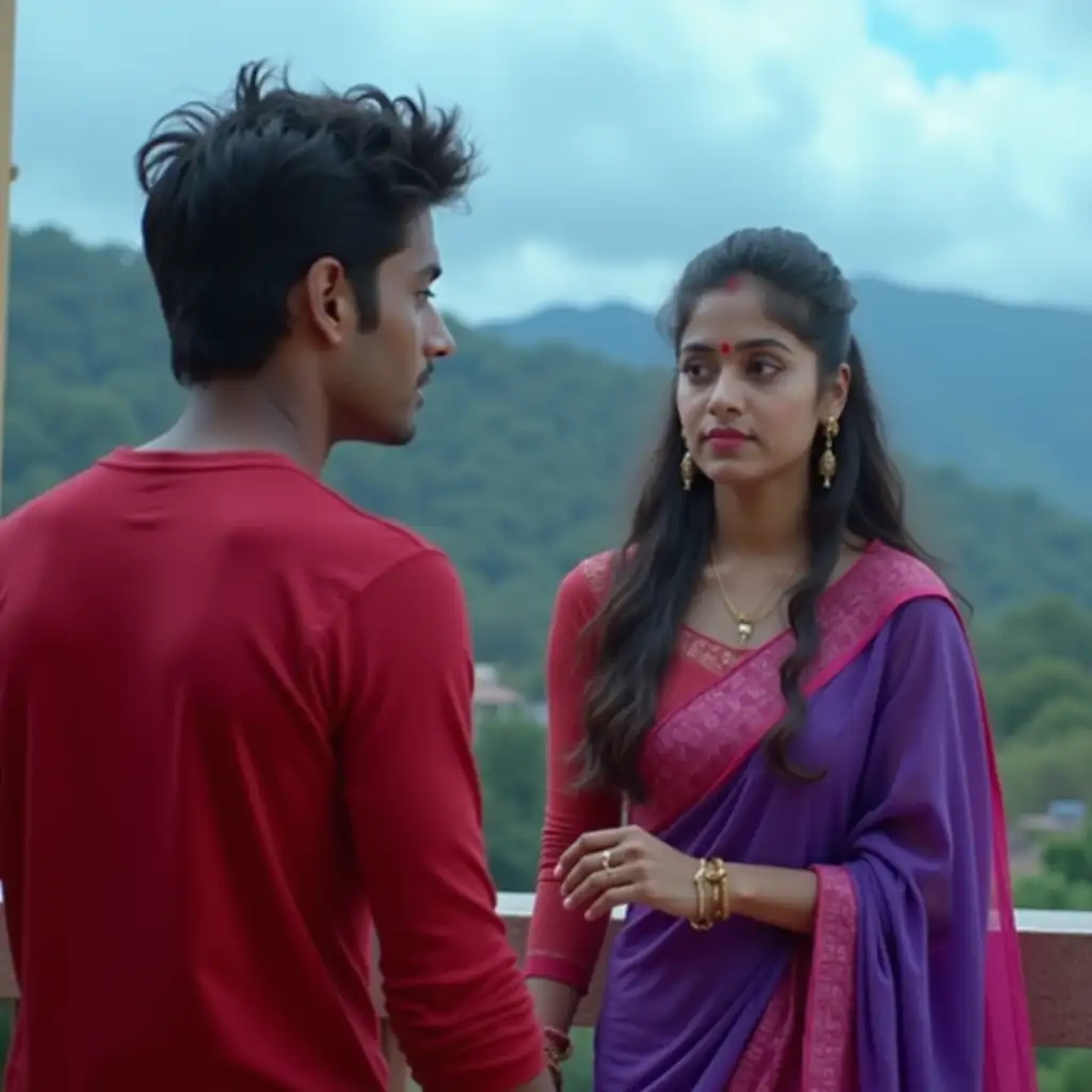 A young man coming facing the camera side looking with emotional expression wearing red full shirt, and a young woman wearing purple and pink mix saree standing on a balcony, background has mountain and blue sky, cinematic scene. Both are emotional expression